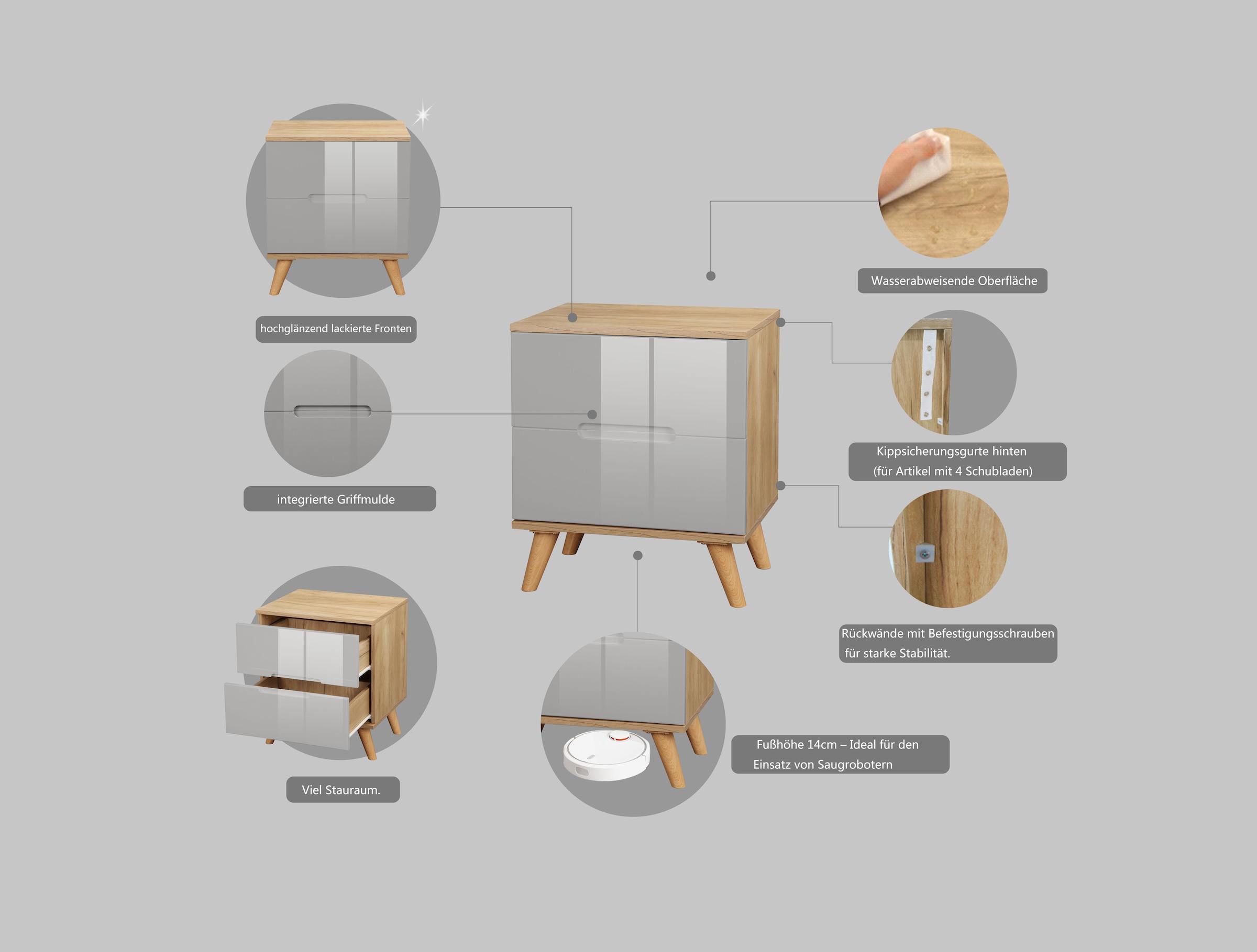 andas Nachtschrank »Lund Nachttisch Beistellschrank Kommode mit Hochglanzfronten«, Nachtkommode mit 2 Schubladen Bestseller im skandinavischem Design