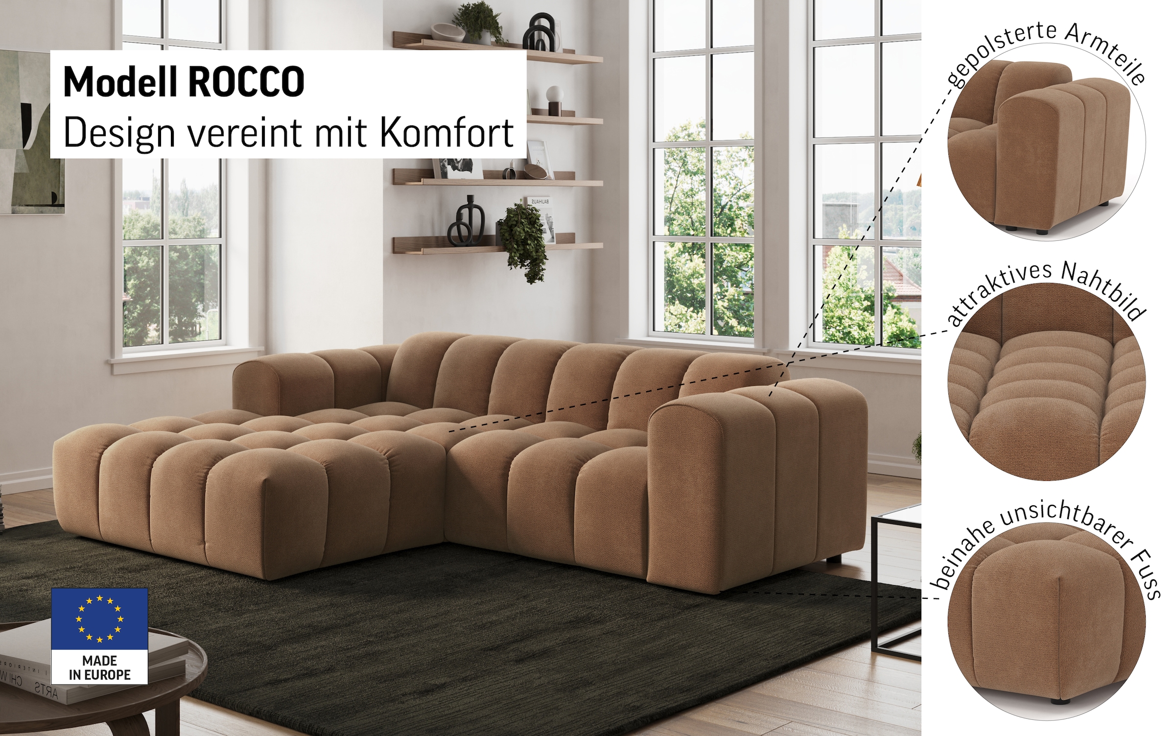 OTTO home Ecksofa »Rocco L-Form, B: 248 cm, modernes Bubble-Sofa, großzügiger Sitzkomfort« Wohnlandschaft-Charakter, frei stellbar, modernes Design
