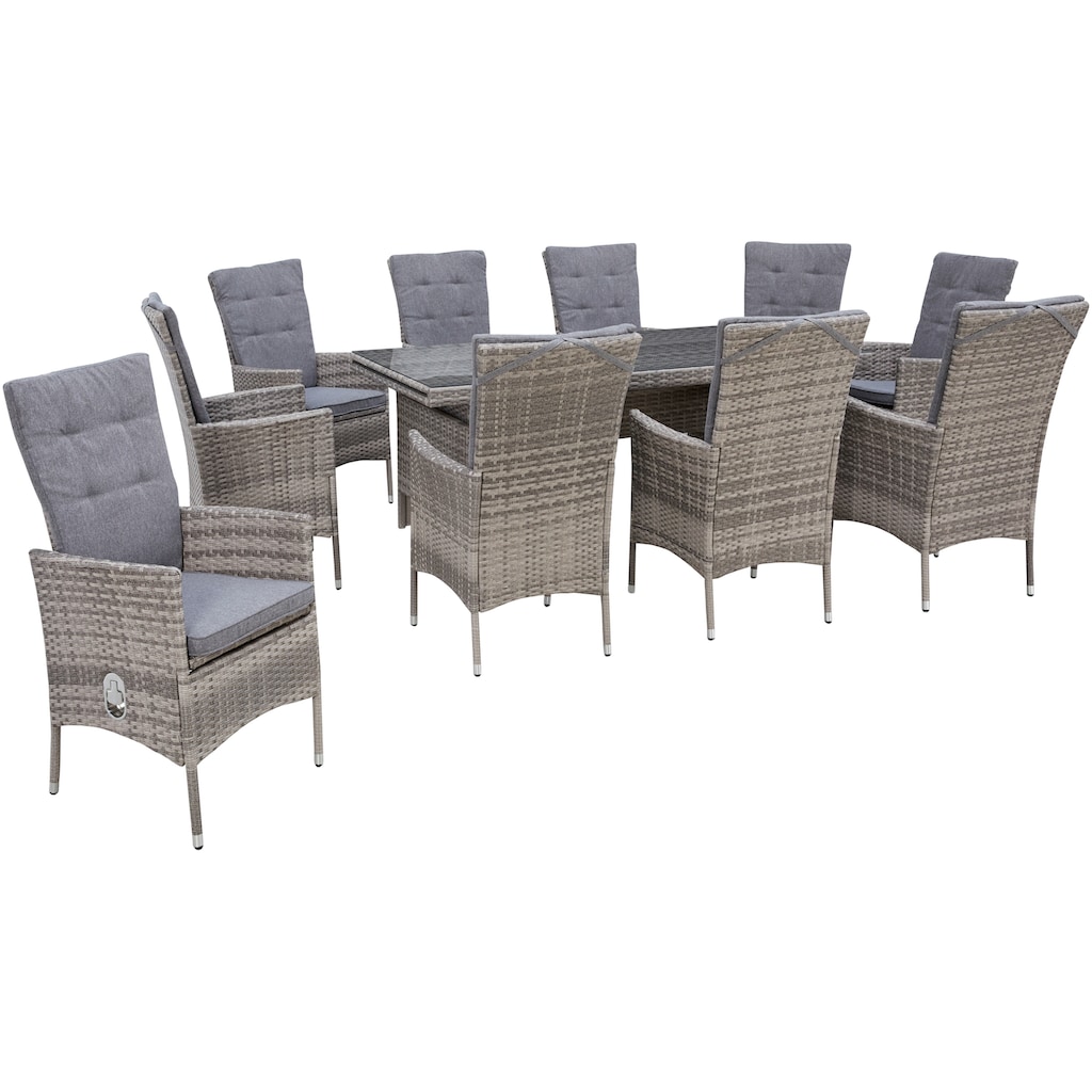 KONIFERA Garten-Essgruppe »Belluno«, (Set, 21 tlg., 10x Sessel, 1x AZ-Tisch 179-300x73/89cm, inkl. Auflagen, Polyrattan)