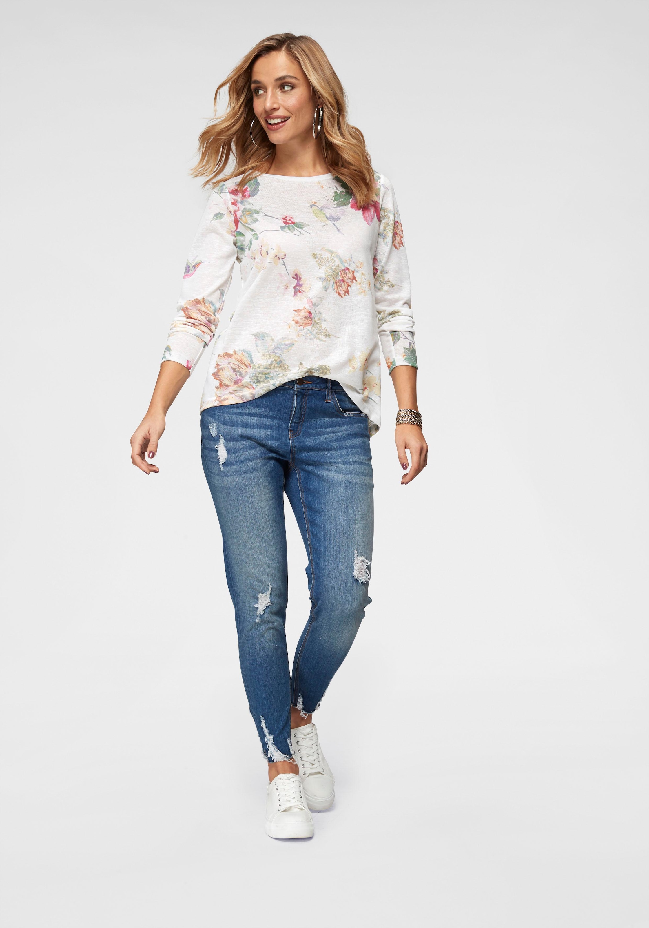 Aniston CASUAL Langarmshirt, mit Vögeln kaufen Blumendruck und großflächigem online