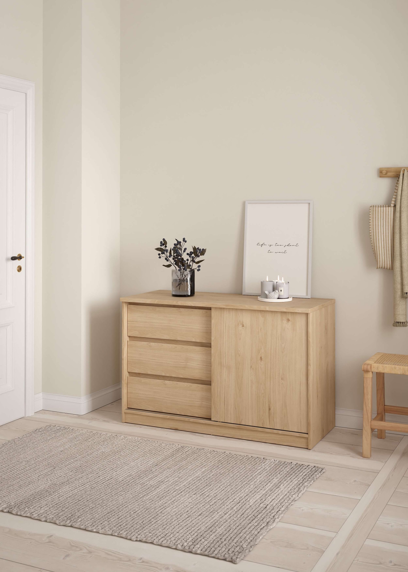 INOSIGN Sideboard »Naia Aufbewahrung, Schuhkommode, Stauraumkommode, Schuhschrank,«, Kommode mit 1 Schiebetür und 3 Schubladen, Breite 119 cm, Höhe 76 cm
