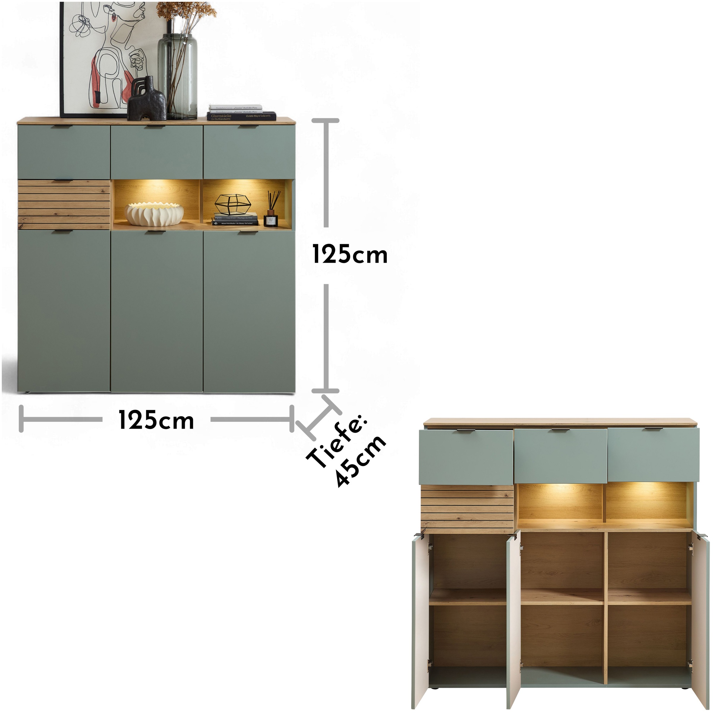 Innostyle Highboard »INA Highboard, 125 x 125 x 45 cm (B/H/T)« 1 Stk. tlg. 3 türig, 4 Schubladen, inkl. Beleuchtung, Softclose