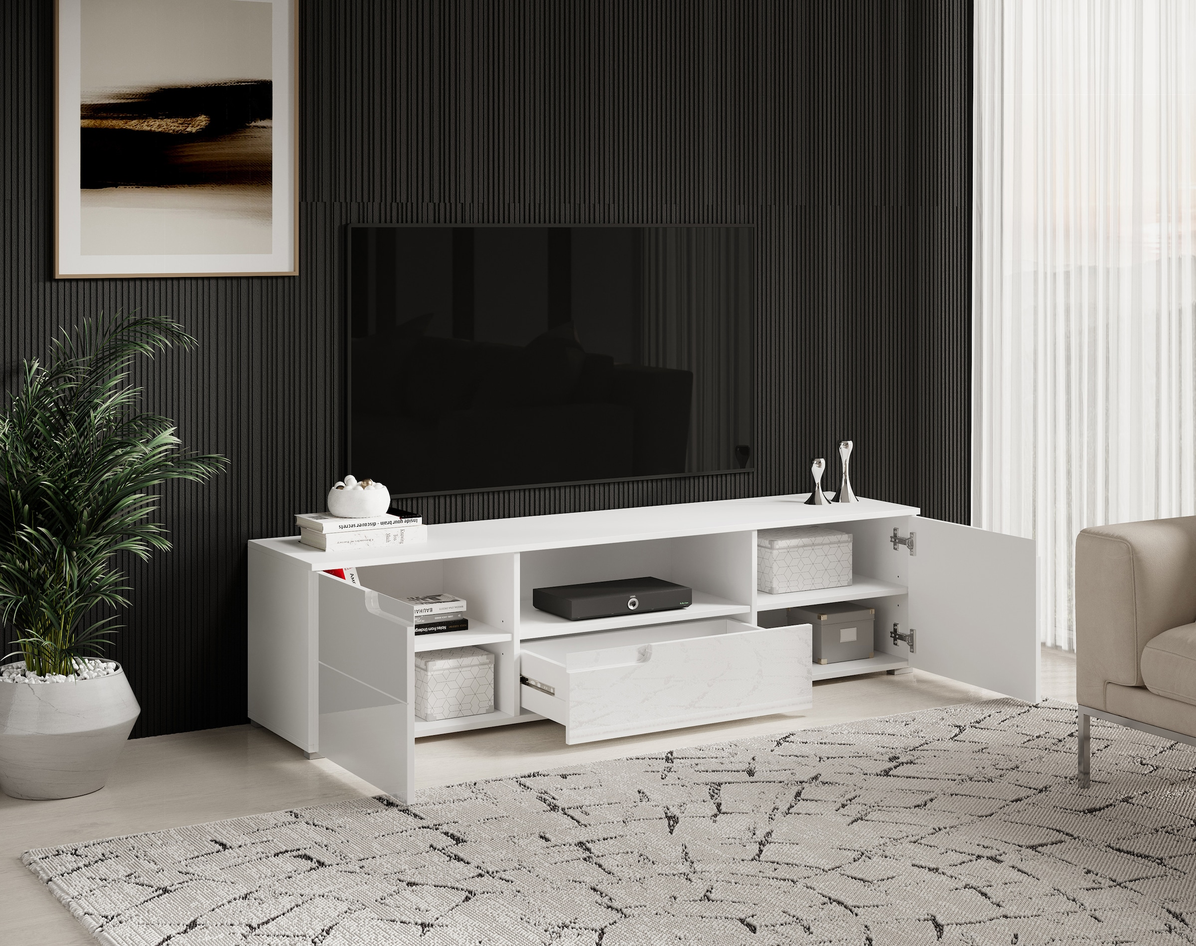 HBZ Lowboard »Spice weiß Hochglanz, TV Schrank bis 65 Zoll, BxHxT 165x42x40 cm«, (1 St.), Mit 2 Türen, 1 Schubkasten, 1 Kabeldurchführung, 1 offenes Fach