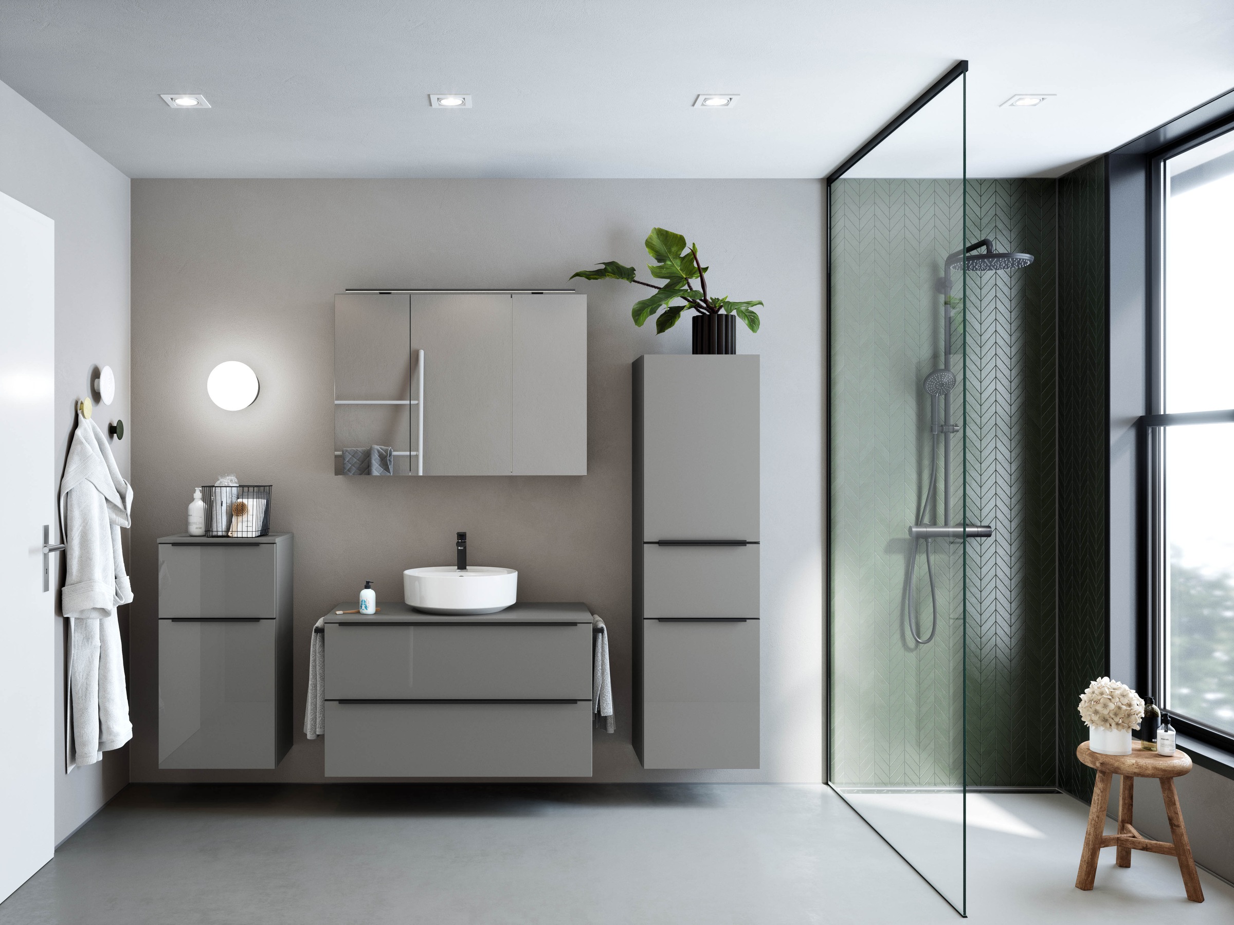 nobilia® Badmöbel-Set »Alvene«, (4 St., vormontiert, mit Soft-Close), inkl. Spiegelschrank mit Beleuchtung und Dimmerfunktion, in 4 Breiten