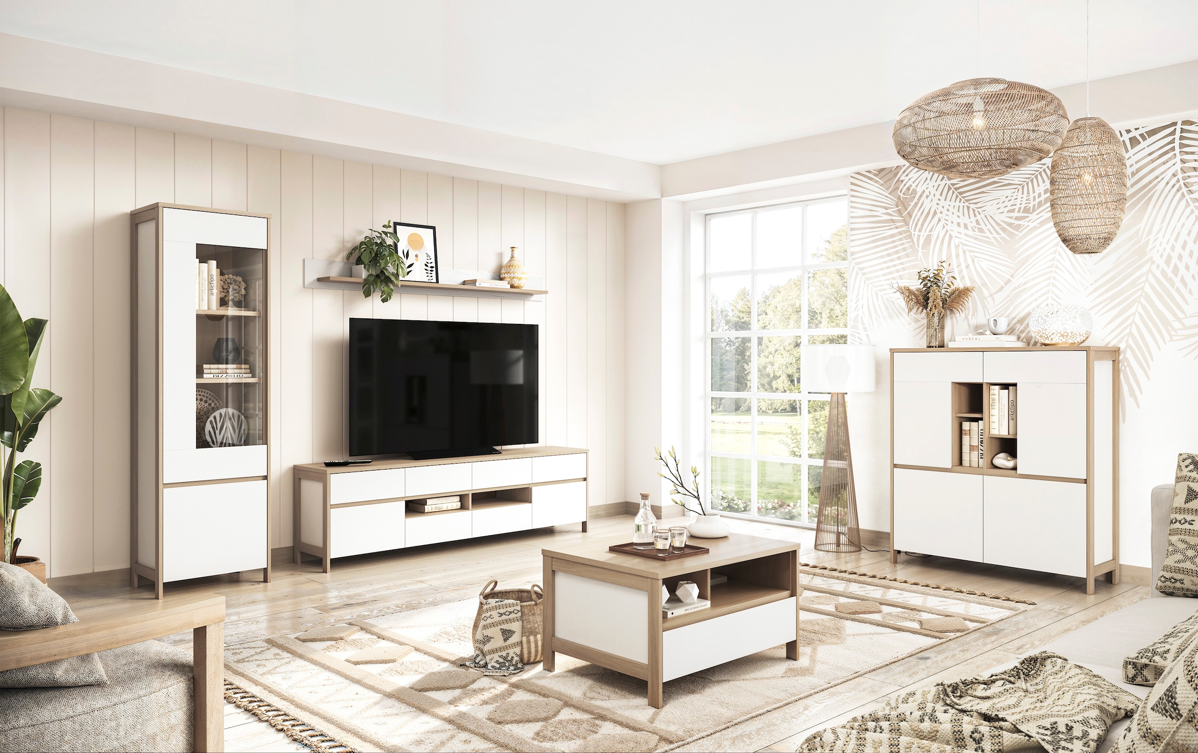 Home affaire Wohnwand »Stranda, moderne Anbauwand, Komplettset im Scandi-Style«, (3 St.), enthält Vitrine, Lowboard und Wandboard, 270 cm breit