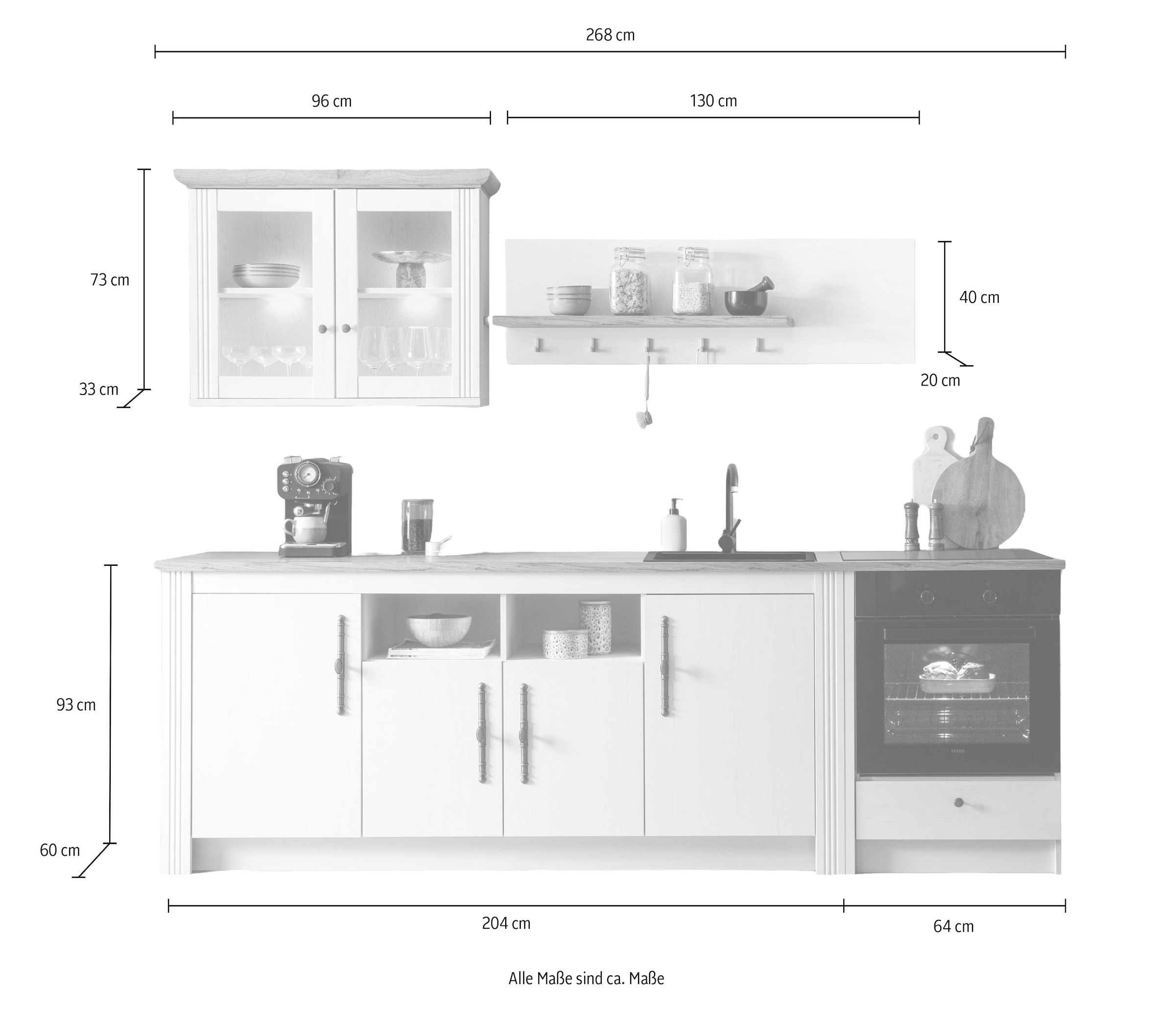 KOCHSTATION Küchenzeile »KS-Westminster, Pantryküche im Landhaus Stil, hochwertige Metallgriffe«, (Set), Breite 268 cm, Sideboard, Wandpaneel, Hängeschrank und Herdumbau