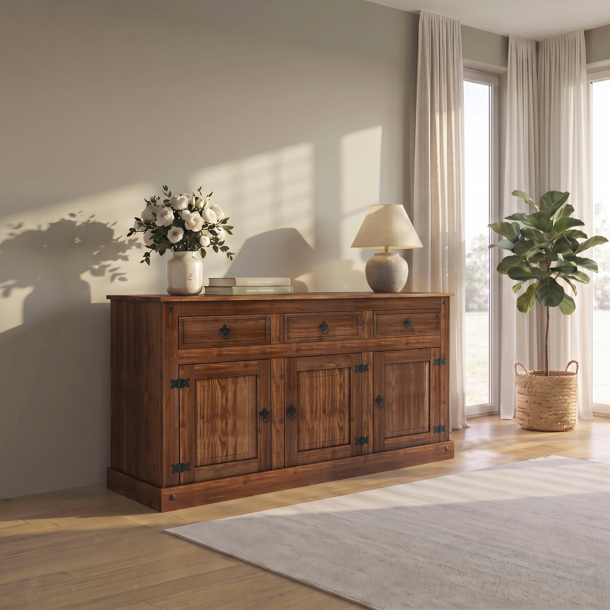 OTTO home Sideboard »Mexiko Kommode mit 3 Türen und 3 Schubladen mit Ringgriffen aus Metall« Kommode aus massivem Kiefernholz, Breite 151 cm