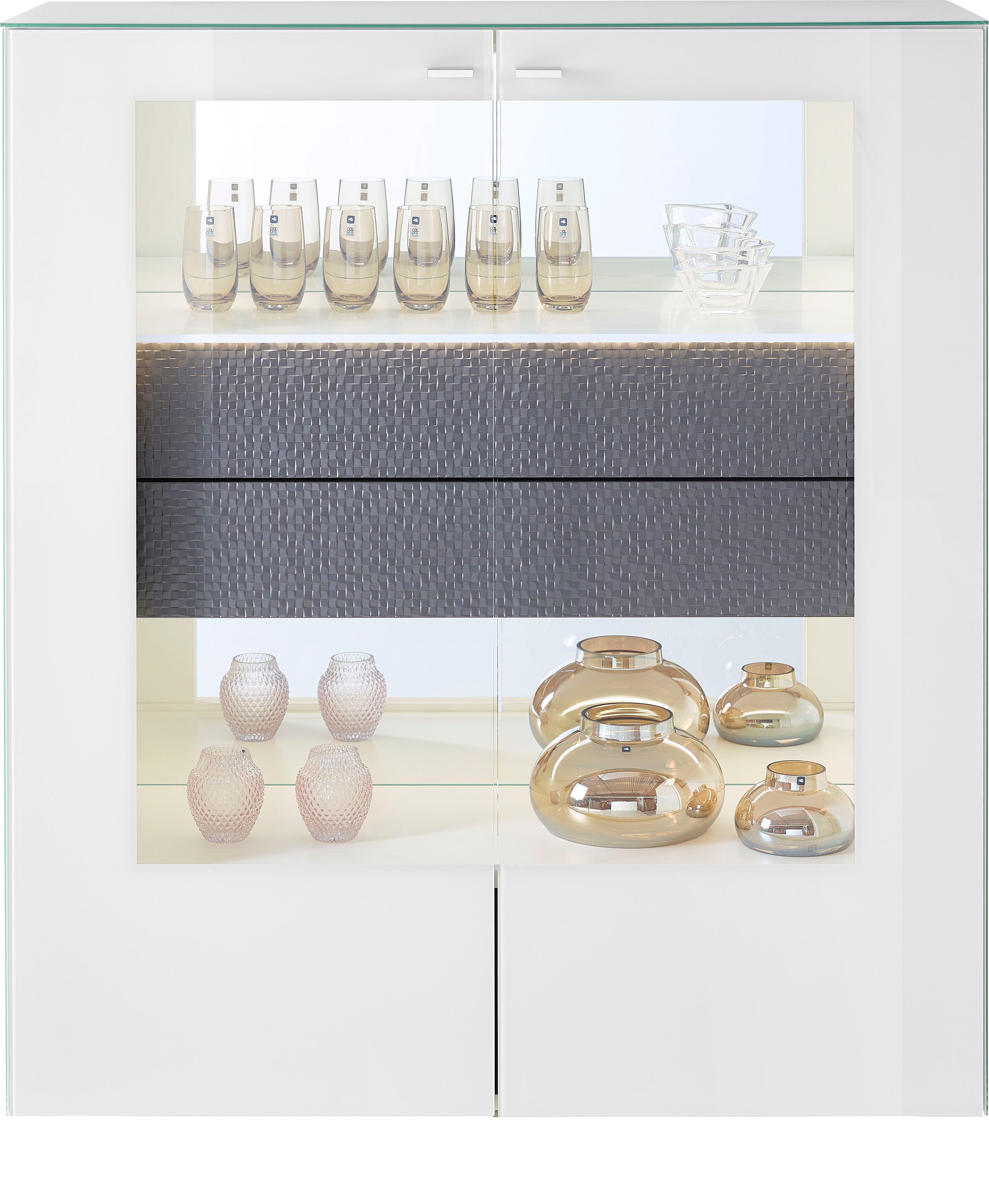 LEONARDO Highboard »AUREA« mit Pailletten-Akzent, wahlweise mit Beleuchtung Lack weiß/Paillette silber metallic