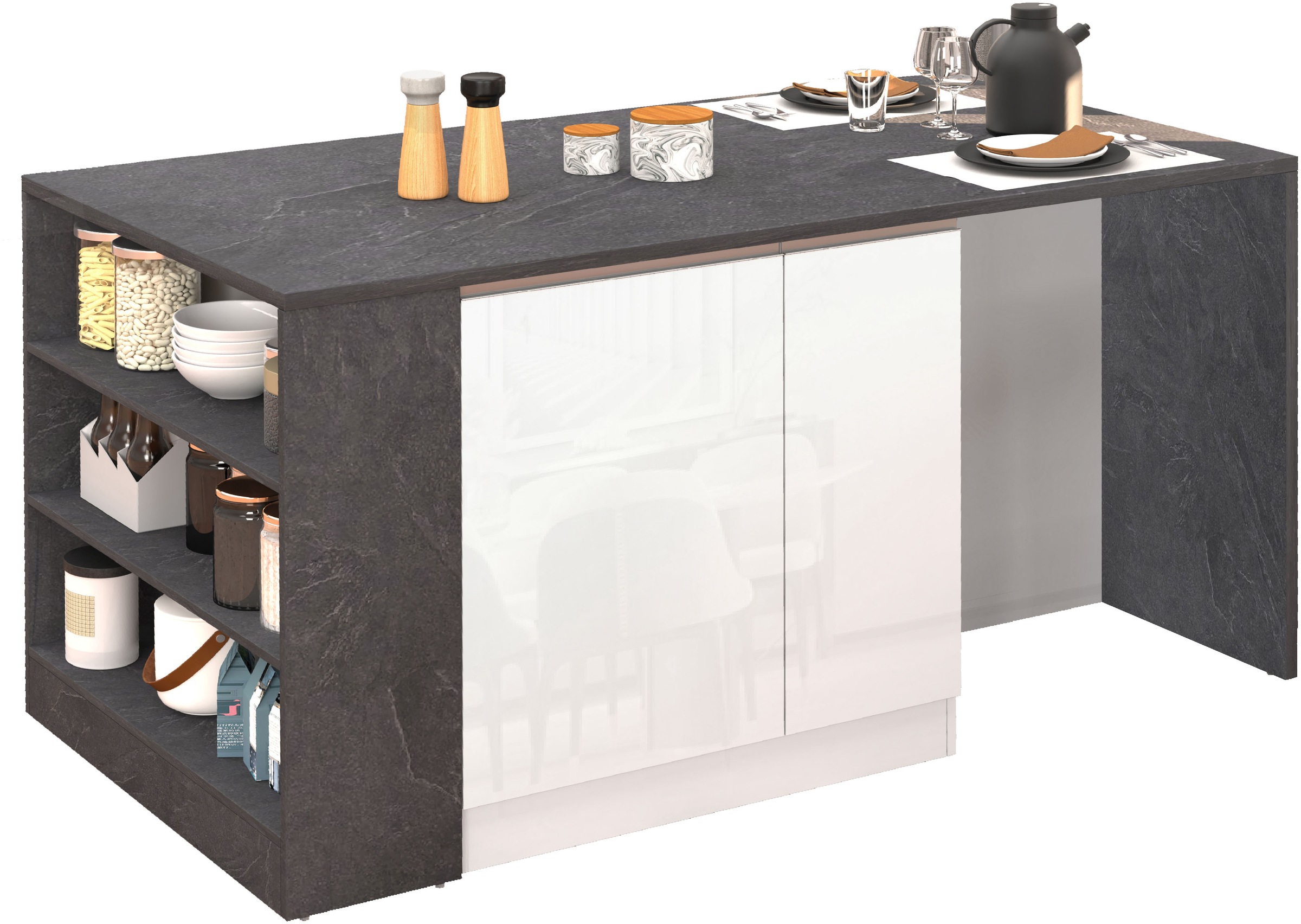 KOCHSTATION Kücheninsel »KS-Sole, Kochinsel, Küchenarbeitsblock, Arbeitsinsel, Made in Italy« Breite 167,5 cm, 2 Apothekerauszüge, 2 Essplätze, 1 offenes Regal