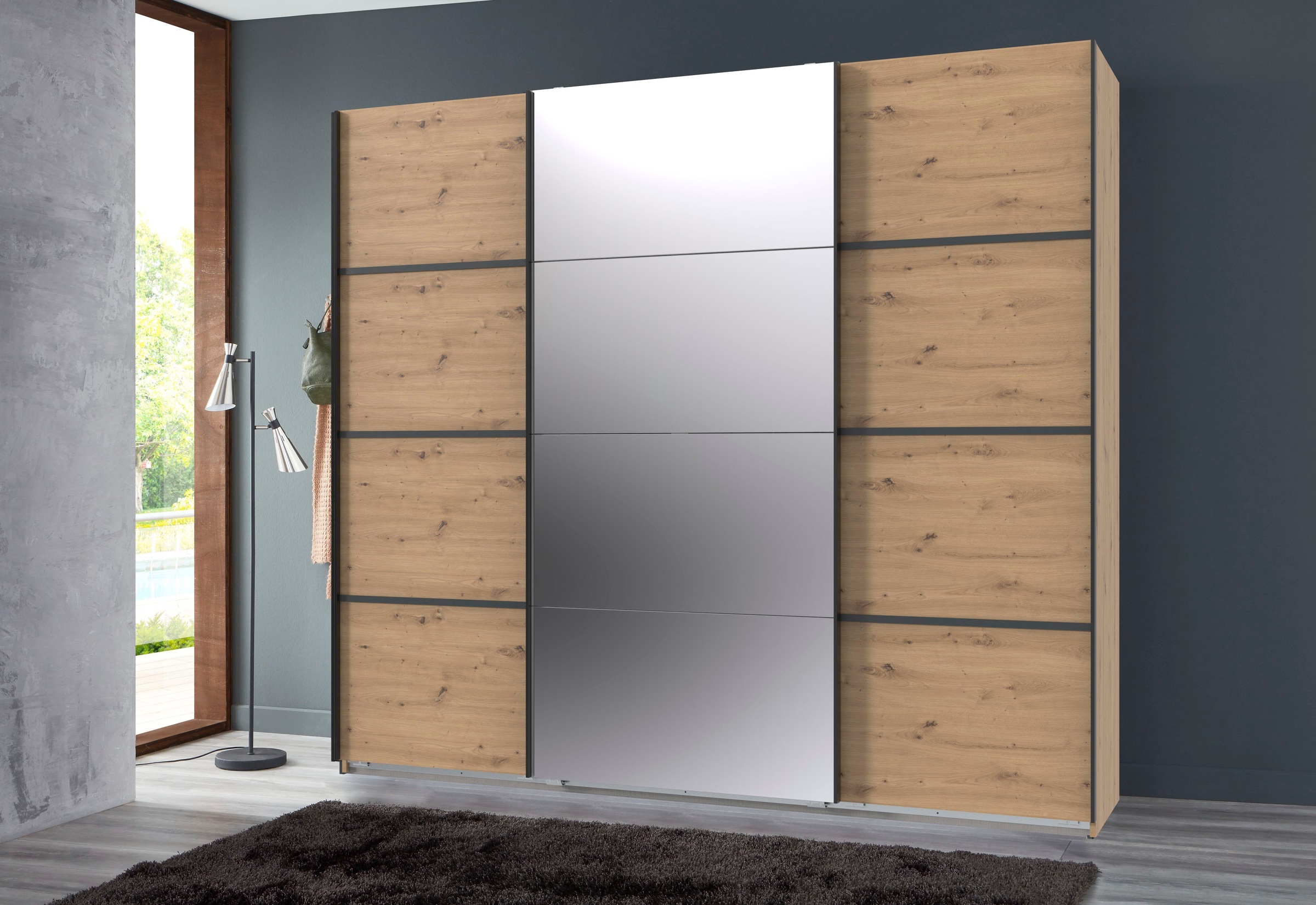 Wimex Schwebetürenschrank »Jork Kleiderschrank mit Spiegel, schwarze Metallgriffe«, Schrank in verschiedenen Größen und Innenausstattungsvarianten