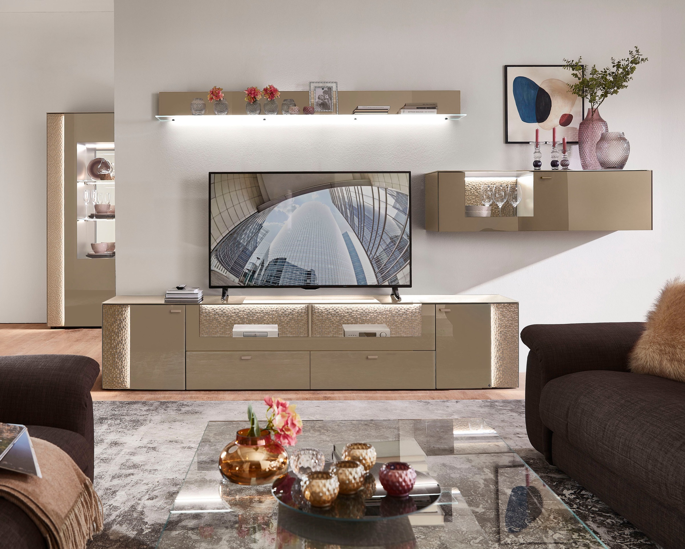 LEONARDO Lowboard »AUREA« mit Pailletten-Akzent, wahlweise mit Beleuchtung Lack palazzo/Paillette palazzo