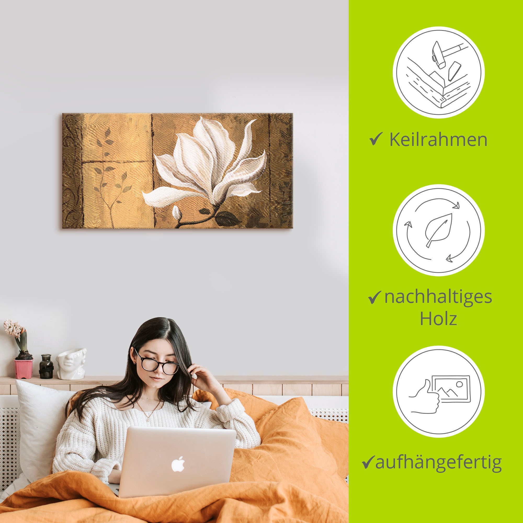 Artland Wandbild »Magnolie an Gold-Braun«, Blumen, (1 St.), als Leinwandbild, Poster in verschied. Größen