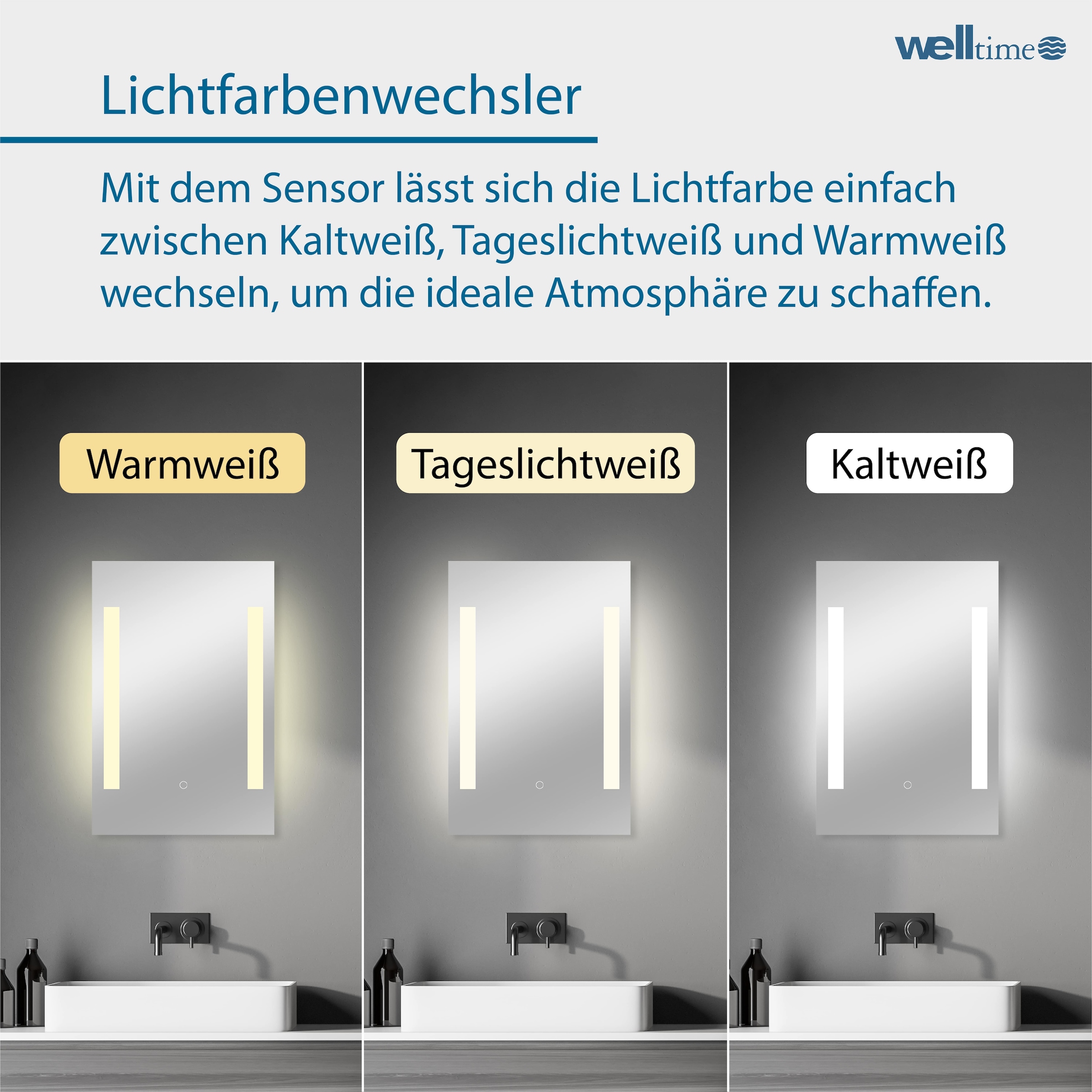 welltime LED-Lichtspiegel »Plaza«, mit Lichtfarbenwechsler und Dimmschalter, in verschiedenen Größen