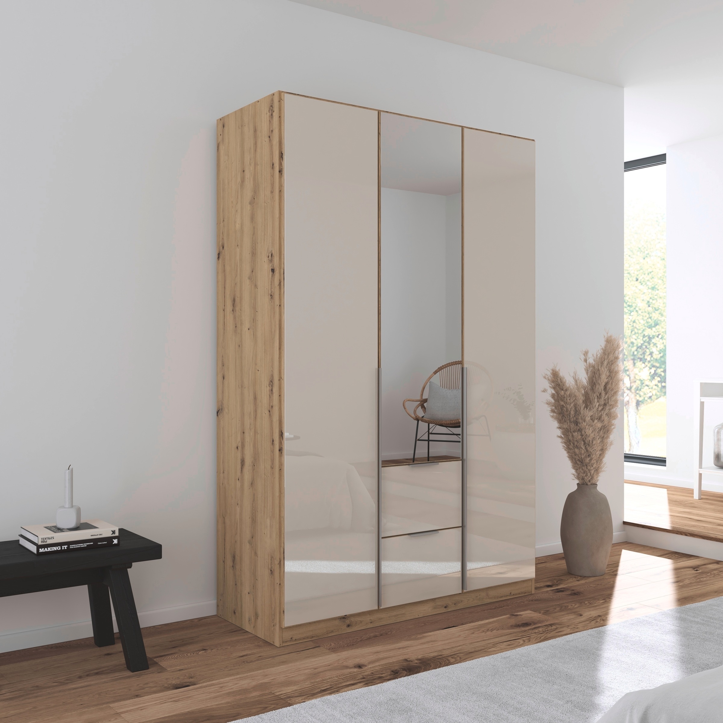 rauch Drehtürenschrank »Kleiderschrank Kleiderschränke Schrank Garderobe AGORDO mit Glasfront«, (in zwei Griff-Farben, Breiten 91-360 cm), mit Außenschubkästen, in 7 Breiten und 2 Höhen MADE IN GERMANY