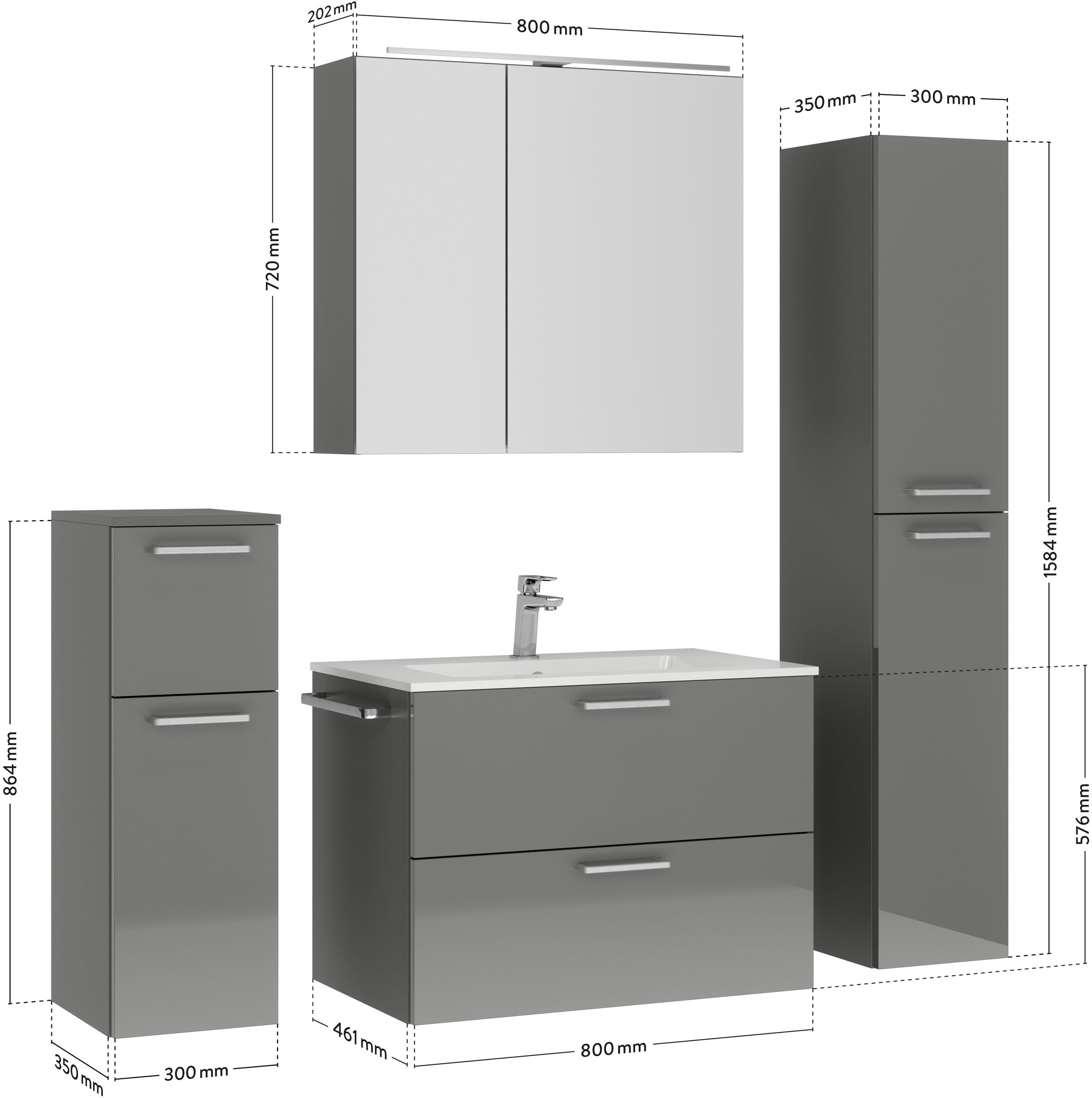 nobilia® Badmöbel-Set »Tolvina«, (4 St., vormontiert, mit Soft-Close), inkl. Spiegelschrank mit Beleuchtung und Dimmerfunktion, in 4 Breiten