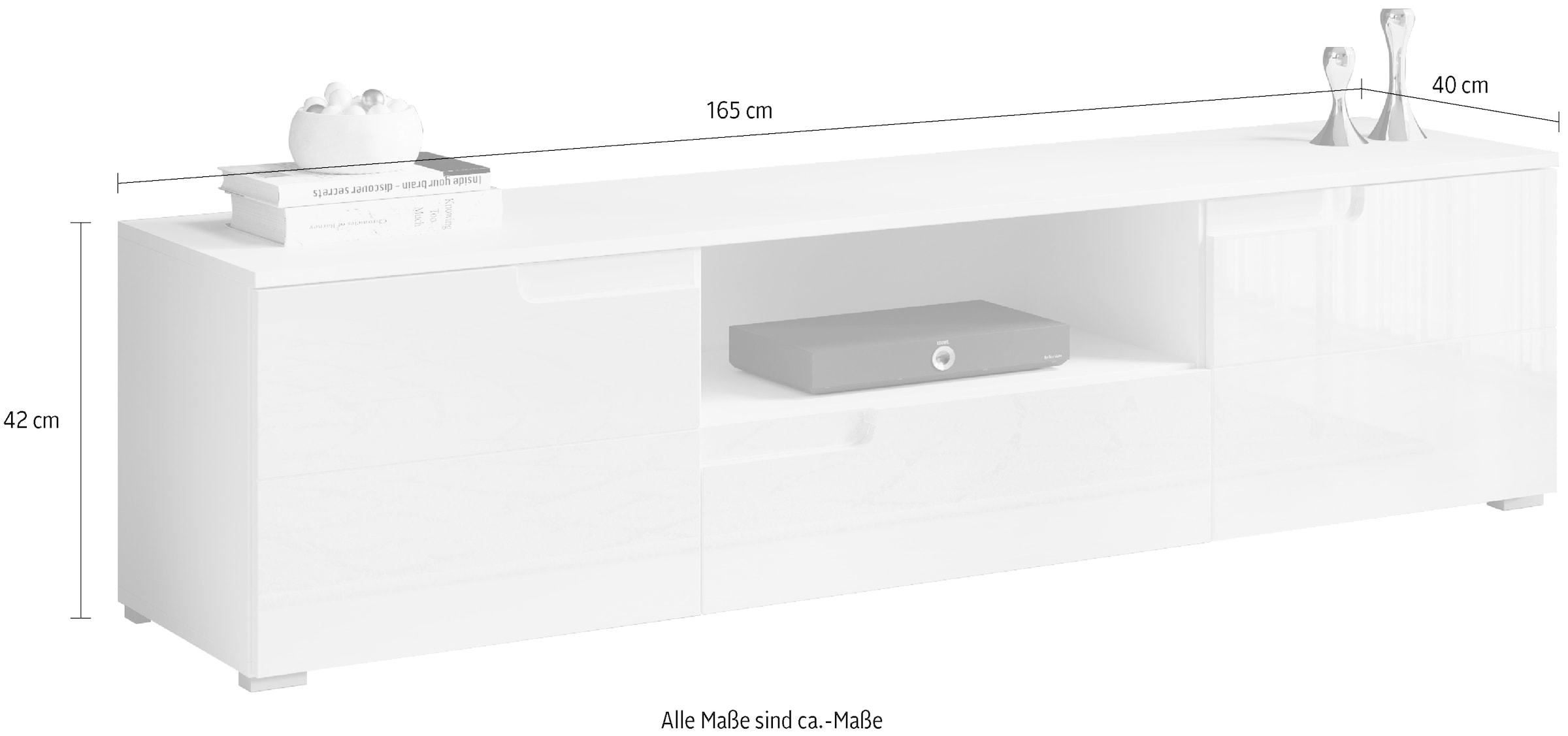HBZ Lowboard »Spice weiß Hochglanz, TV Schrank bis 65 Zoll, BxHxT 165x42x40 cm«, (1 St.), Mit 2 Türen, 1 Schubkasten, 1 Kabeldurchführung, 1 offenes Fach