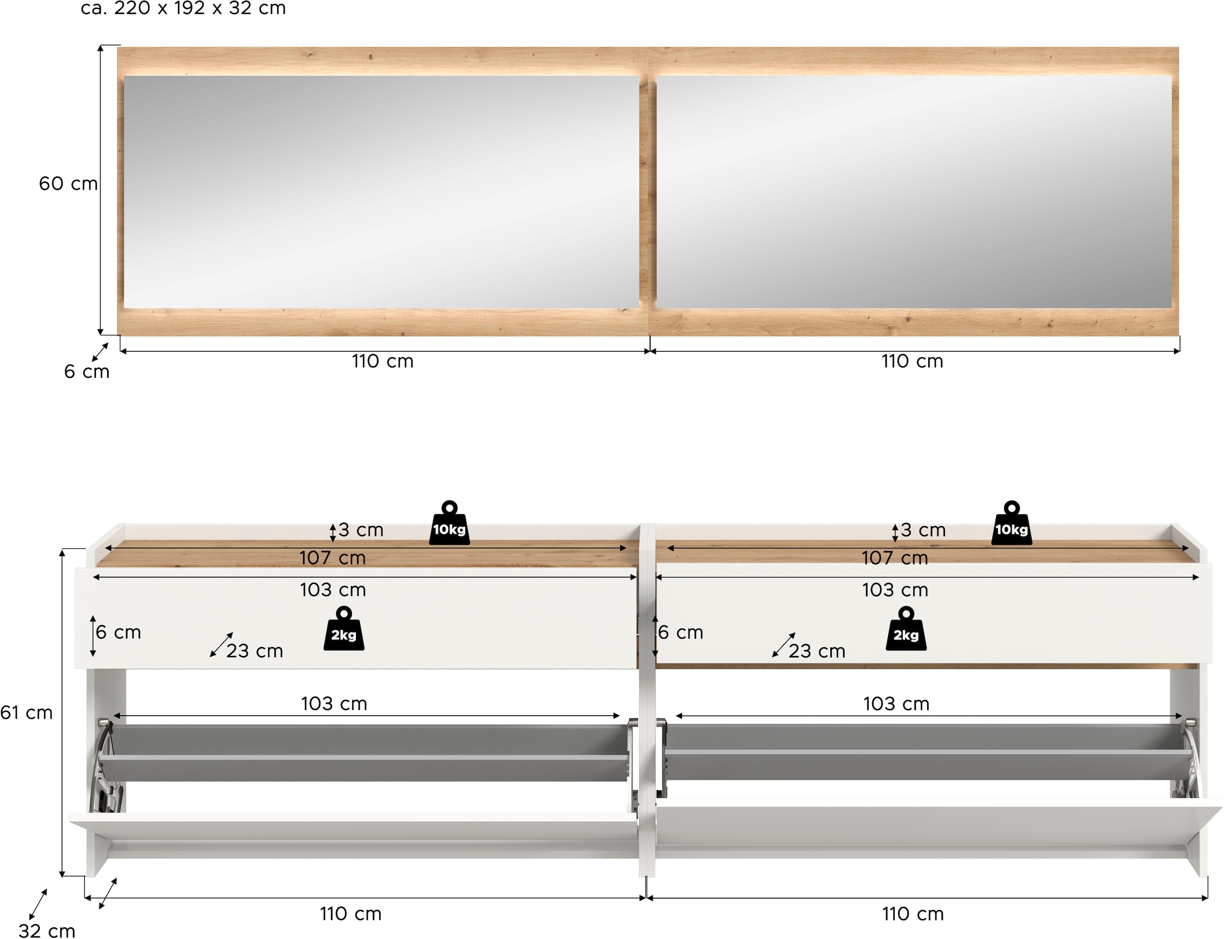 INOSIGN Garderoben-Set »EVRID, 4-teilig, Breite 220 cm, inkl. Beleuchtung« best. aus: 2x Kommode und 2x Spiegel, 4 Stk. tlg.
