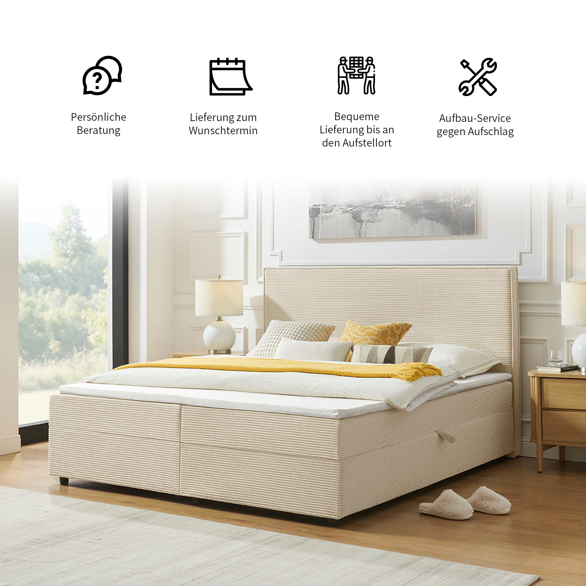 OTTO home Boxbett »Eliaas inkl. Bettkasten und Topper, Liegefläche 180x200cm« erhältlich in hochwertigem Cord-Stoff, inkl. Aufbauvideo
