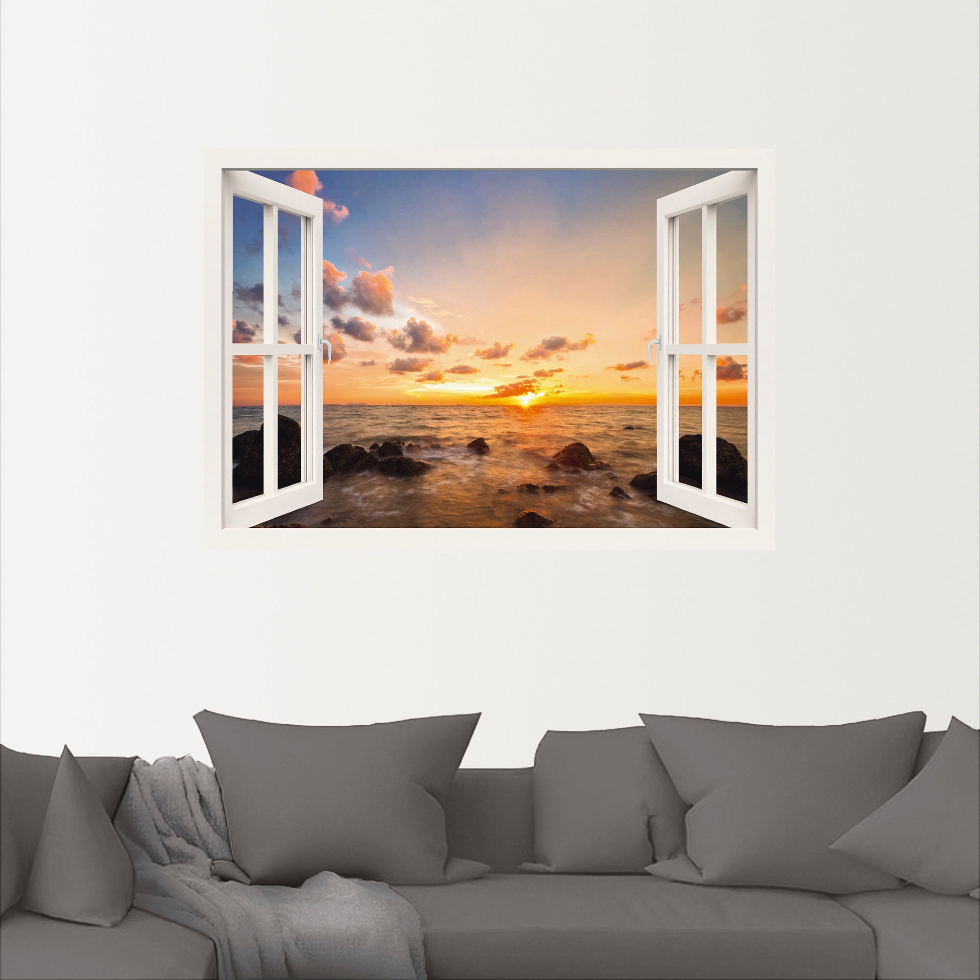 Artland Wandbild »Fensterblick Sonnenuntergang am Meer«, Fensterblick, (1 St.), als Alubild, Outdoorbild, Leinwandbild, Wandaufkleber, versch. Größen