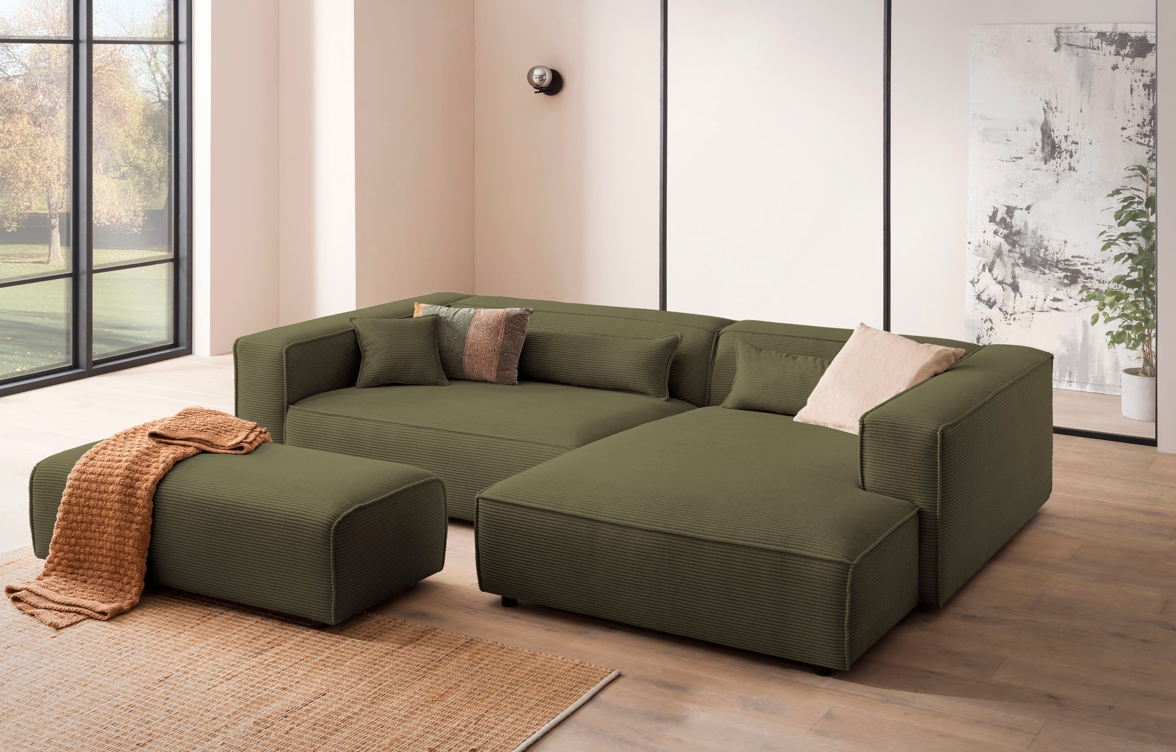 LeGer Home by Lena Gercke Polsterecke »PIARA XXL, L-Form mit Schlaffunktion, Big-Sofa in Cord o. Leinenoptik«, Hocker stellbar zum Schlafsofa (Krokodilverbinder), tiefe Sitzfläche