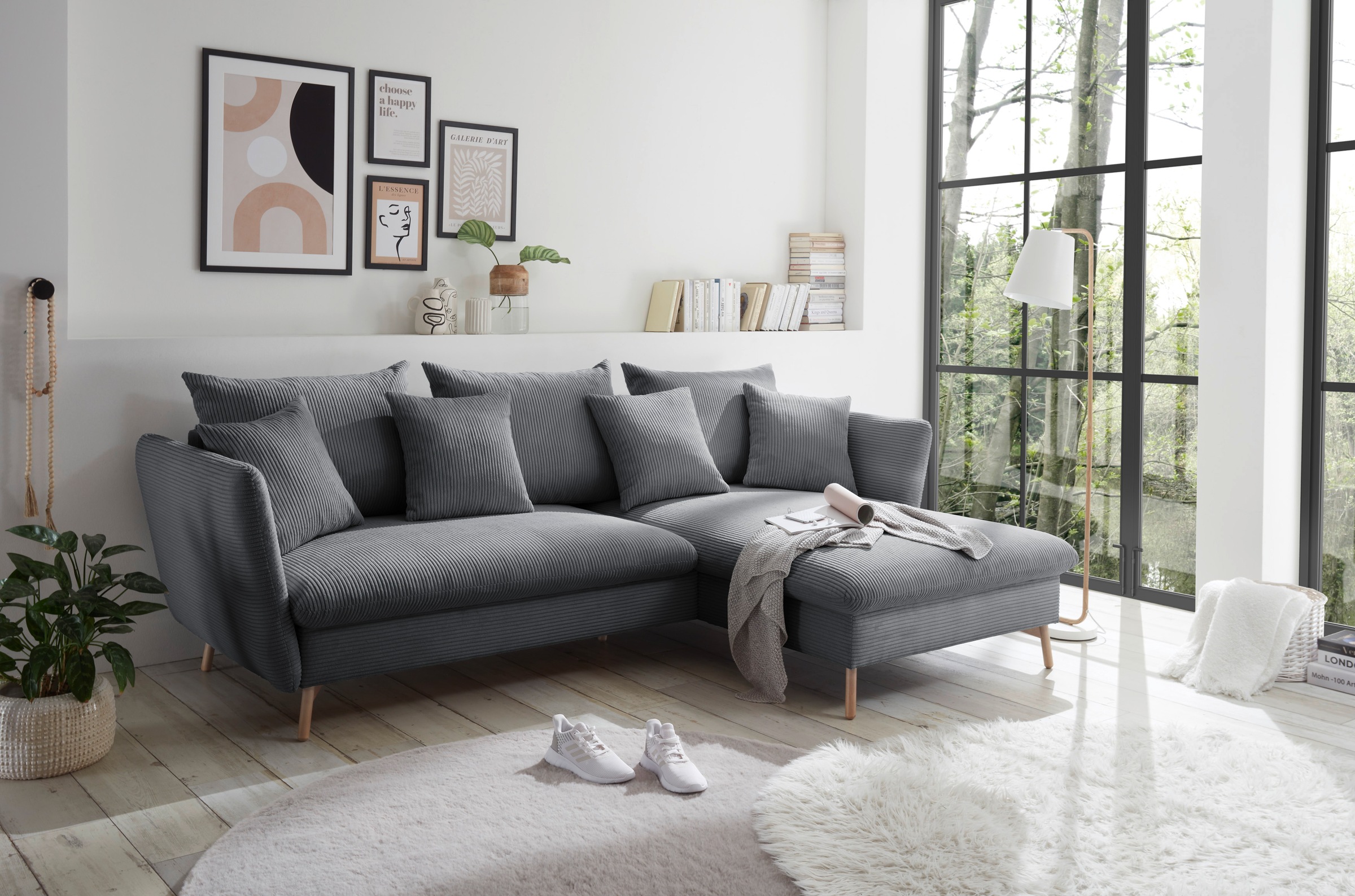 andas Ecksofa »MERLE, 258 cm, L-Form, traumhafter Cord,«, mit Bettfunktion und Bettkasten, Liegefläche 224 x 139