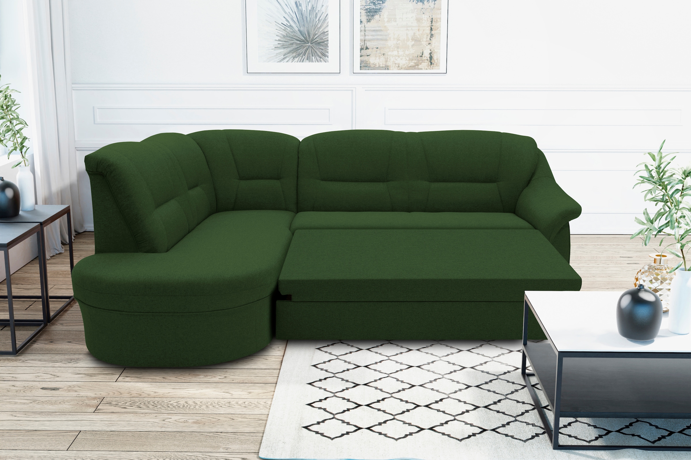 DOMO collection Ecksofa »Faenza für kleine Räume, Stellmaße 232,176cm, komfortabel, L-Form«, mit Ottomane, zeitlos, elegante Armlehnen, wahlweise mit Bettfunktion