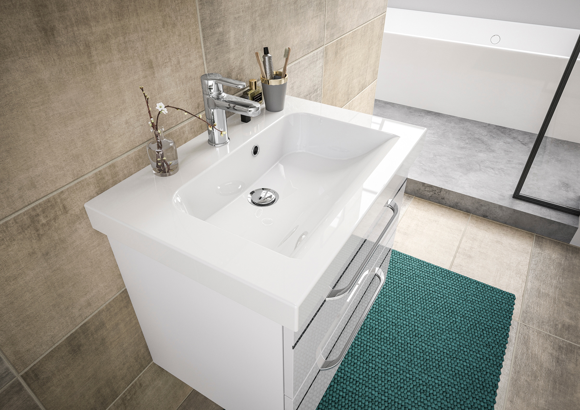 Saphir Badmöbel-Set »Balto Sprint, Waschplatz mit Mineralmarmor-Waschtisch, 64,4 cm breit«, (1 St.), Unterschrank mit Waschbecken inkl. Türdämpfer und 2 Schubladen