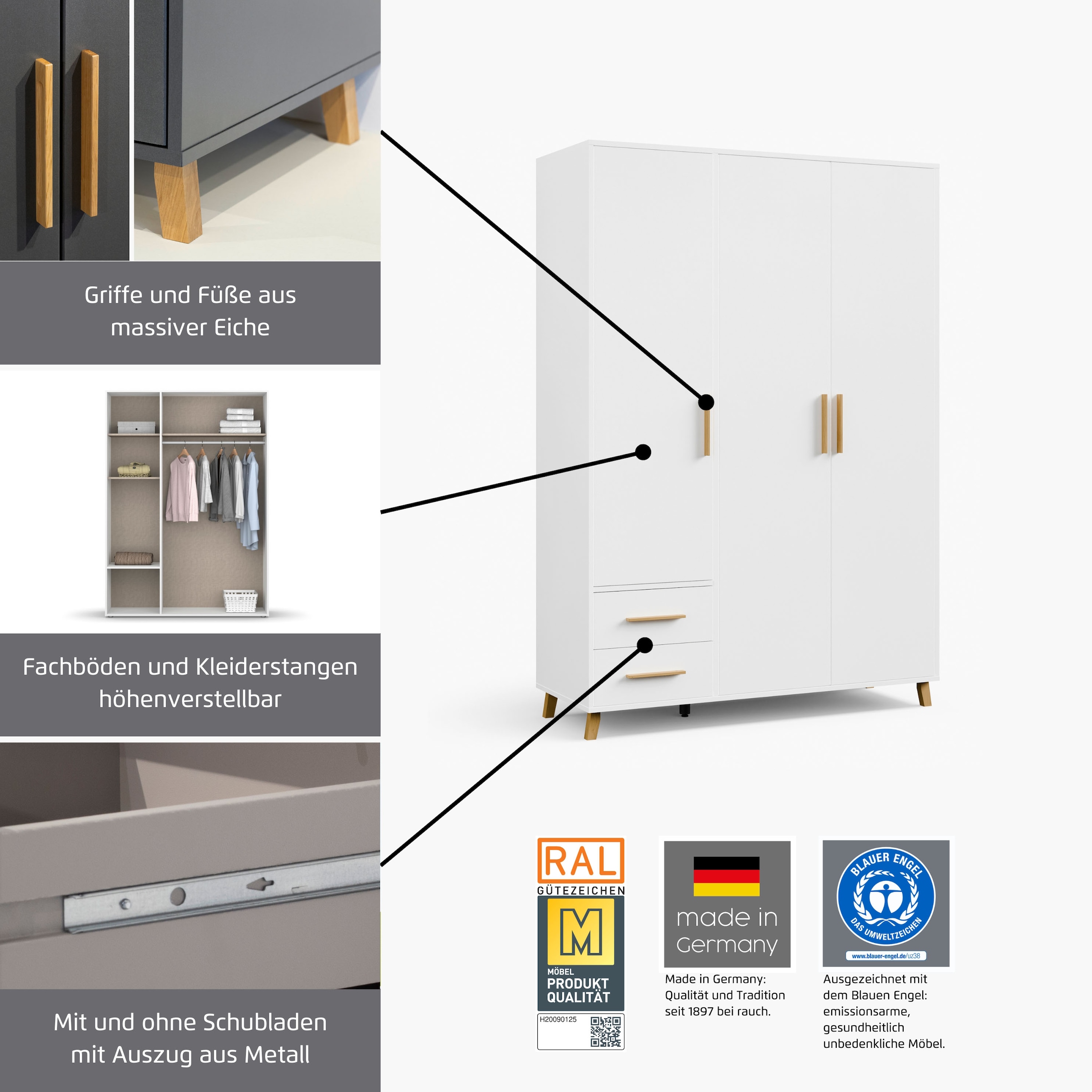 rauch Drehtürenschrank »Kleiderschrank Schrank Garderobe SHINJO Breiten 93/140/187 cm« in 3 verschiedenen Ausstattungen BASIC/CLASSIC/PREMIUM,  Griffe und Füße aus Massivholz, viel Stauraum MADE IN GERMANY