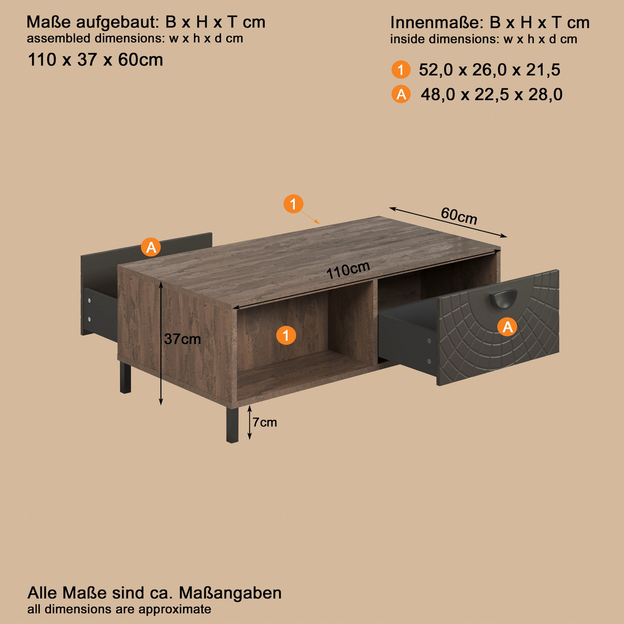 INOSIGN Couchtisch »Fusion« 1 Stk. tlg. Couchtisch mit 2 Schubladen & 2 offenen Fächern - (B/T/H) 110/60/37 cm