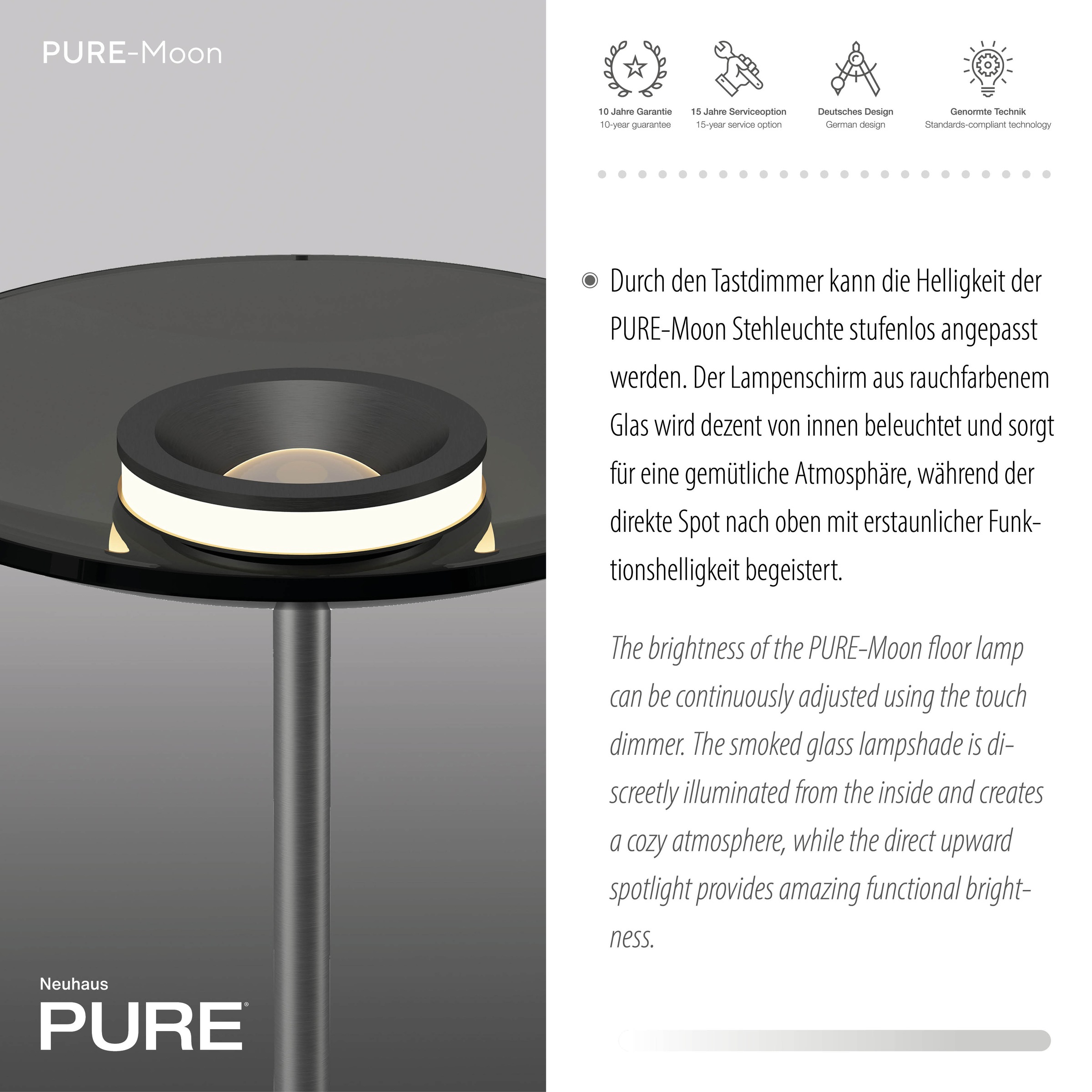 Neuhaus PURE LED Stehlampe »PURE Moon« LED-Board 1 Stk. Warmweiß Stufenloses dimmen per Touchdimmer, Rauchglas