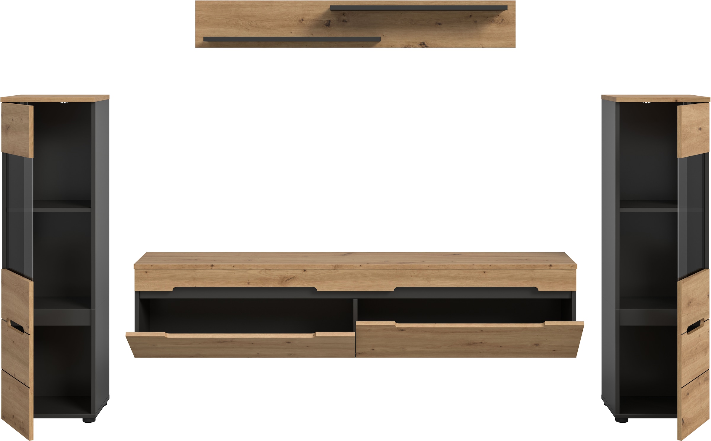 INOSIGN Wohnwand »REHAT, TOPSELLER!, 4-teilig, wahlweise stehend und hängend montierbar« Set bestehend aus: 2x Vitrine, Lowboard und Wandboard, 3 Stk. tlg.