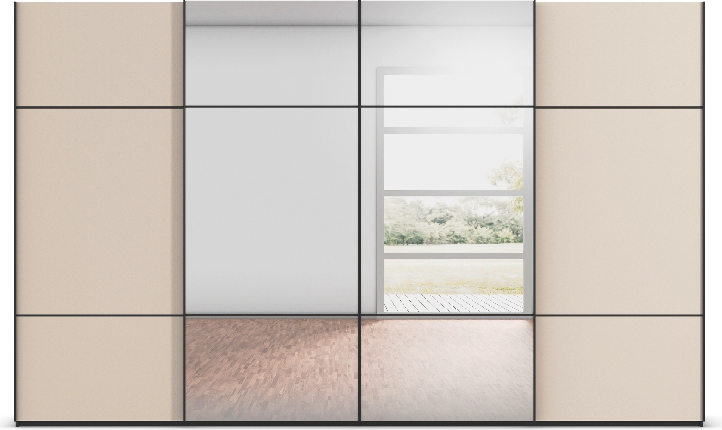 rauch Schwebetürenschrank »Kleiderschrank Schrank Garderobe Schlafzimmerschrank SCALE-TRIO«, edle dreigeteilte Front mit 2 Zierleisten Spiegel/Glas MADE IN GERMANY