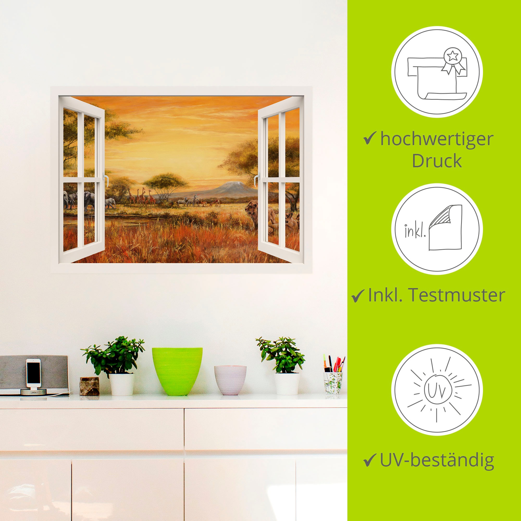 Artland Wandfolie »Afrikanische Steppe Löwen, weiß«, Fensterblick, (1 St.), selbstklebend