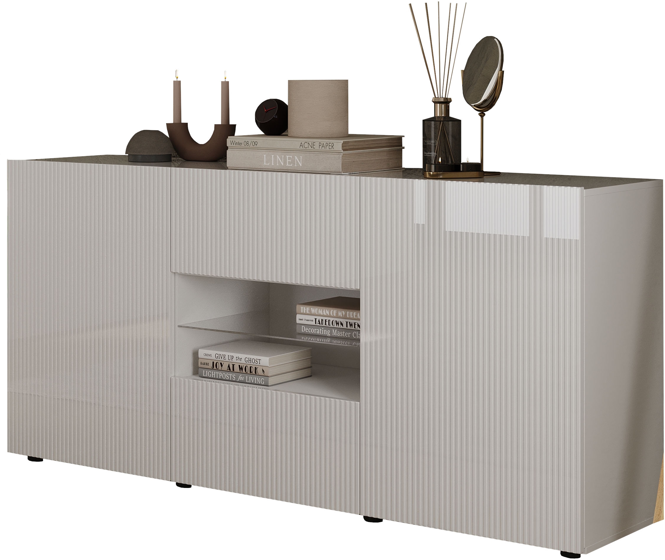 INOSIGN Sideboard »Rio Breite 181 cm, Kommode mit 2 Türen u. 2 Schubkästen,«, Anrichte, geriffelte Front, modern u. elegant, viel Stauraum
