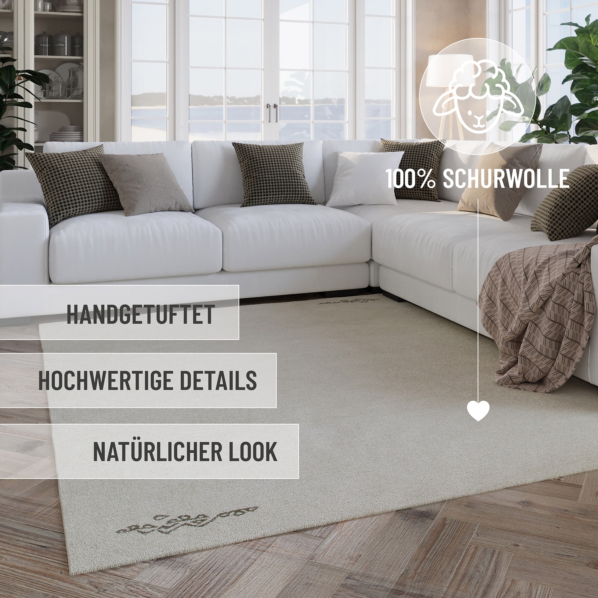 Wecon home Wollteppich »Hamptons FORTYFOUR«, rechteckig, 20 mm Höhe, Läufer, Schurwolle, Kurzflor, Wohnzimmer, Schlafzimmer, Ornamente