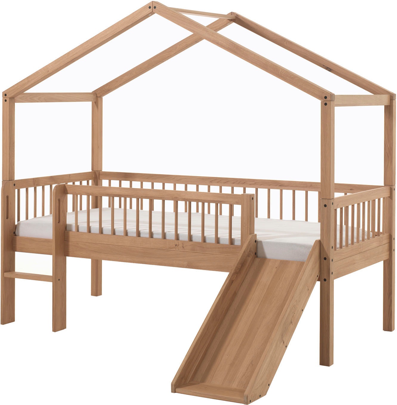 Vipack Hausbett »Forrest ist ein hochwertiges Massivholz Haus Bett "Made in Europe"« inkl. Rolllattenrost, Dachaufbau, Absturzschutz, Leiter und Rutsche,  wahlweise aus massiver Eiche geölt oder Buche massiv weiß lackiert