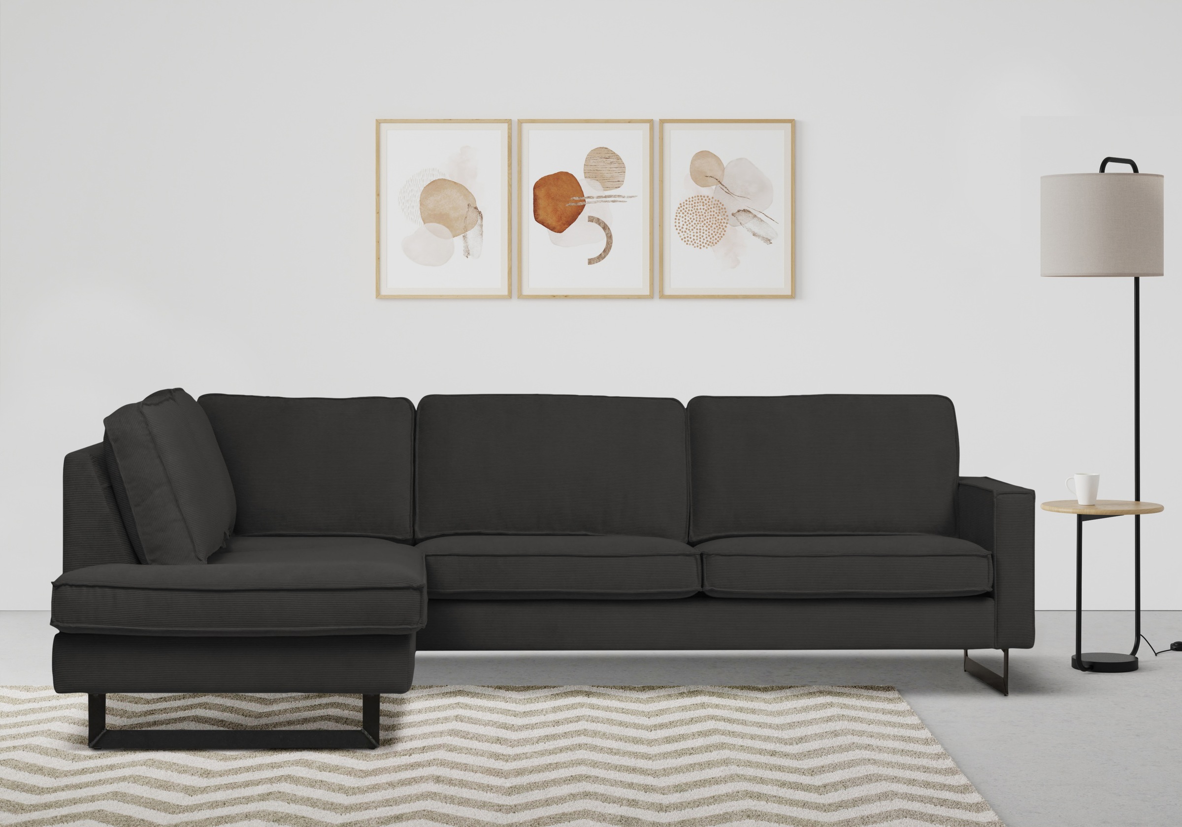 Places of Style Ecksofa »Pinto, 290 cm, Cord, Chenille, Lederoptik, Ottomane links / rechts«, mit Keder, schwarze Metallfüße, Wellenunterfederung