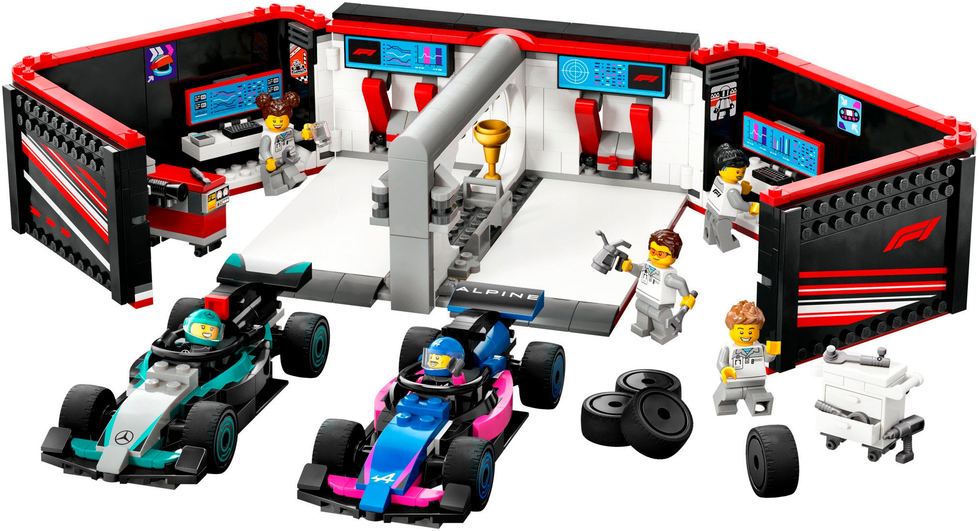 LEGO® Konstruktionsspielsteine »F1® Garage mit Mercedes-AMG & Alpine Rennautos (60444), LEGO City«, (678 St.), Made in Europe