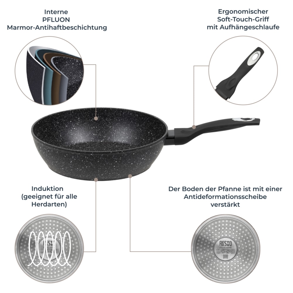 RESTO Kitchenware Bratpfanne »Antlia, tiefe Pfanne mit ergonomischem Soft-Touch-Griff«, Aluminium, (1 tlg.), Marmor-Antihaftbeschichtung, 4-lagig, für alle Herdarten geeignet