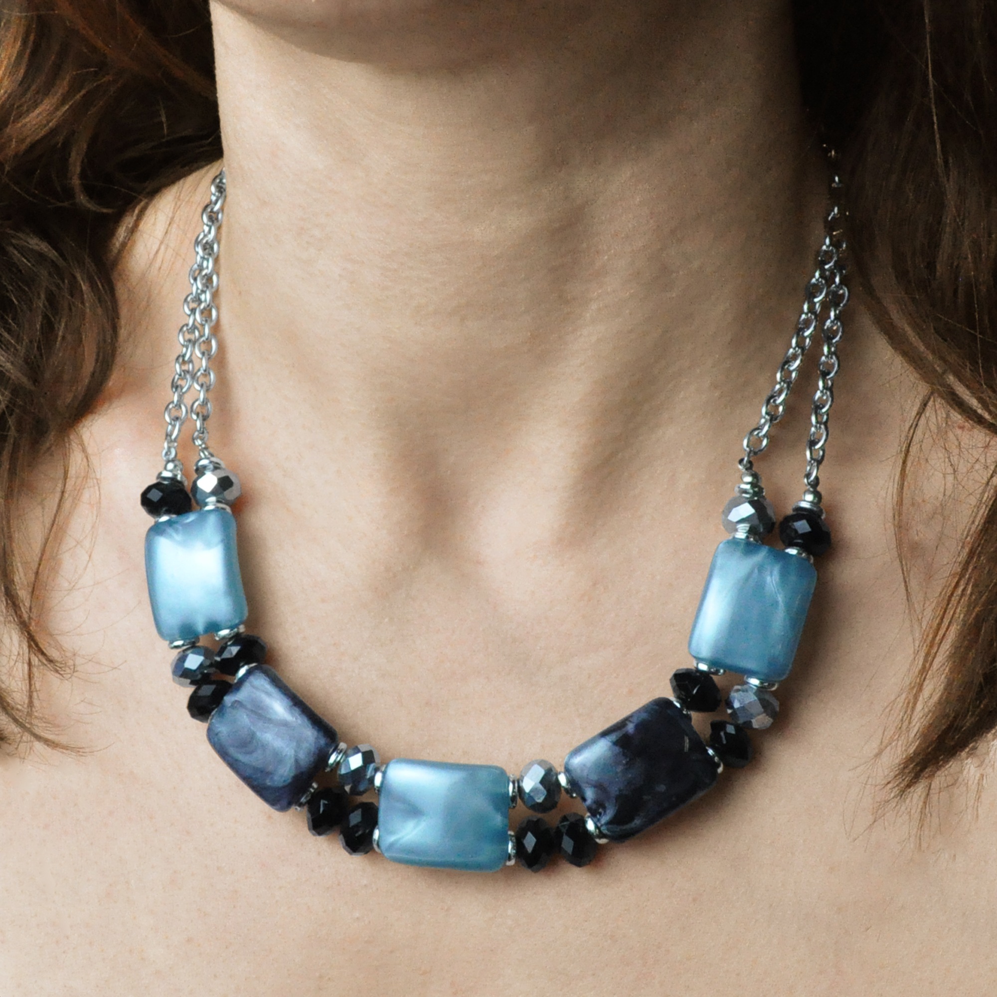 Steuer Collierkettchen »silberfarben doppelreihig, Zierelemente blau schwarz silber«