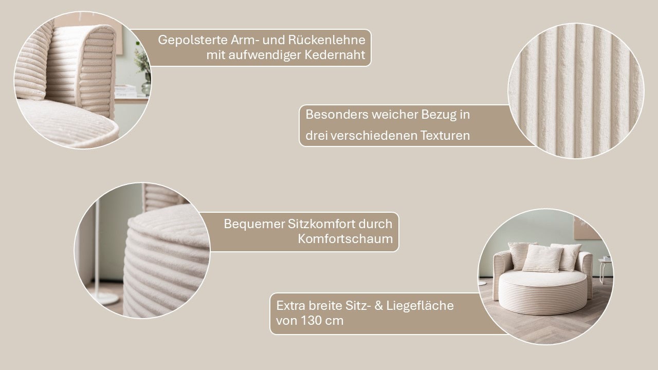 LeGer Home by Lena Gercke XXL-Sessel »Isalie, Rundsessel mit Hocker, Lesesessel, Loveseat, Big-Sessel«, (Set), trendige Stoffe, mit 3 Zierkissen, große Sitzfläche