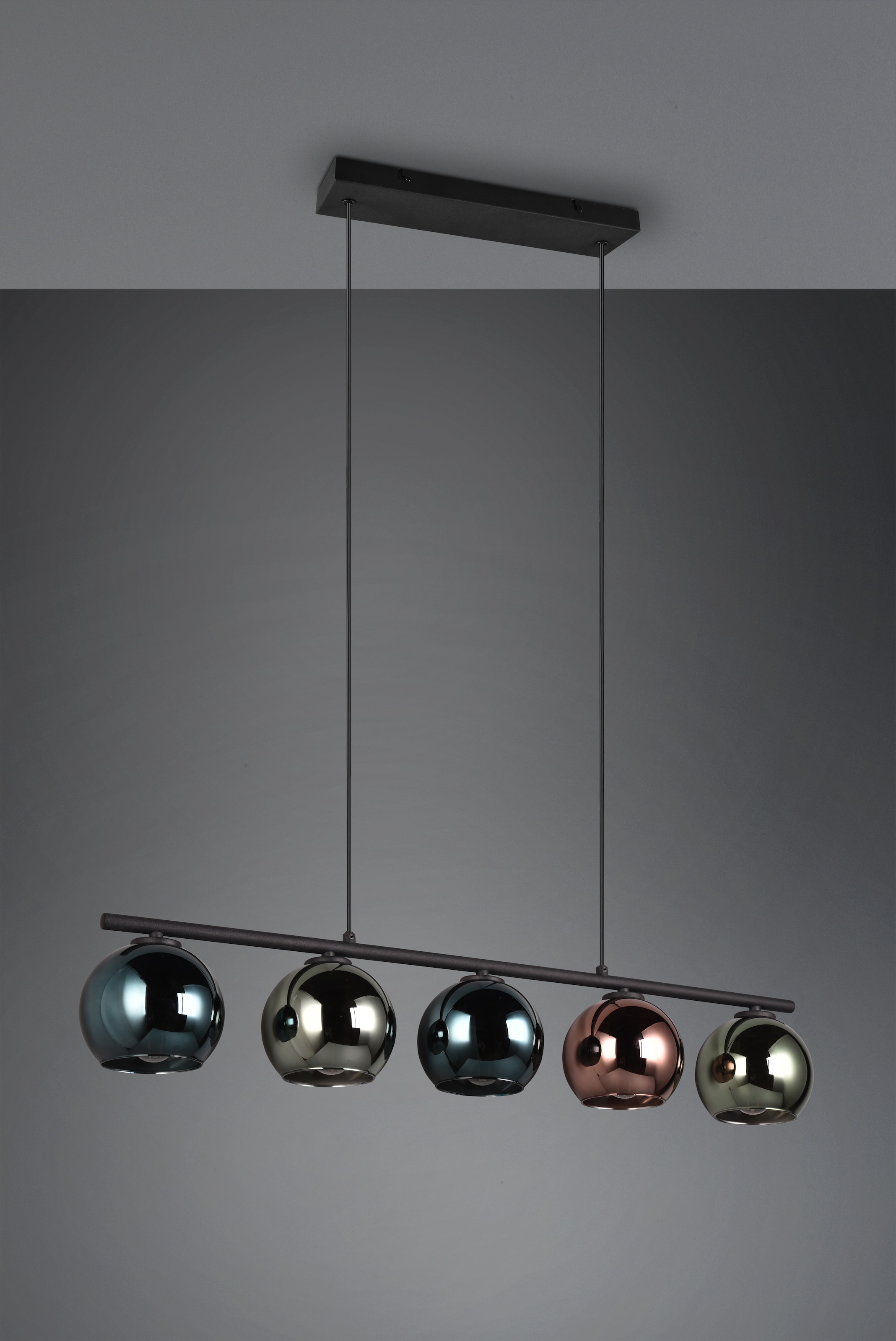 REALITY Leuchten Pendelleuchte »SHELDON, Hängelampe 5-flammig exkl 5x E14 max 10W höhenverstellbar«, 5 flammig, Leuchtmittel E14 | Leuchtmittel wechselbar, Metall Hängeleuchte mit bunten Glasschirmen Lampe Esszimmer Wohnzimmer