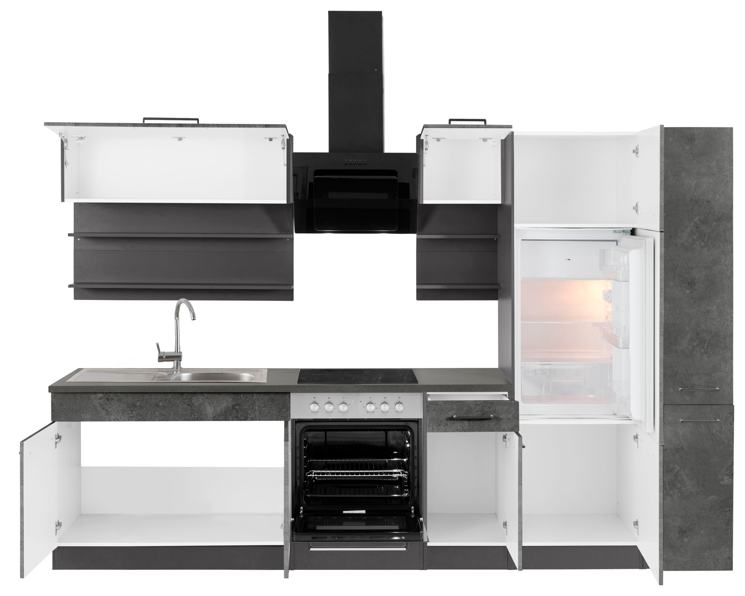 KOCHSTATION Küchenzeile »KS-Tulsa«, mit E-Geräten, Breite 300 cm, schwarze Metallgriffe, MDF Fronten