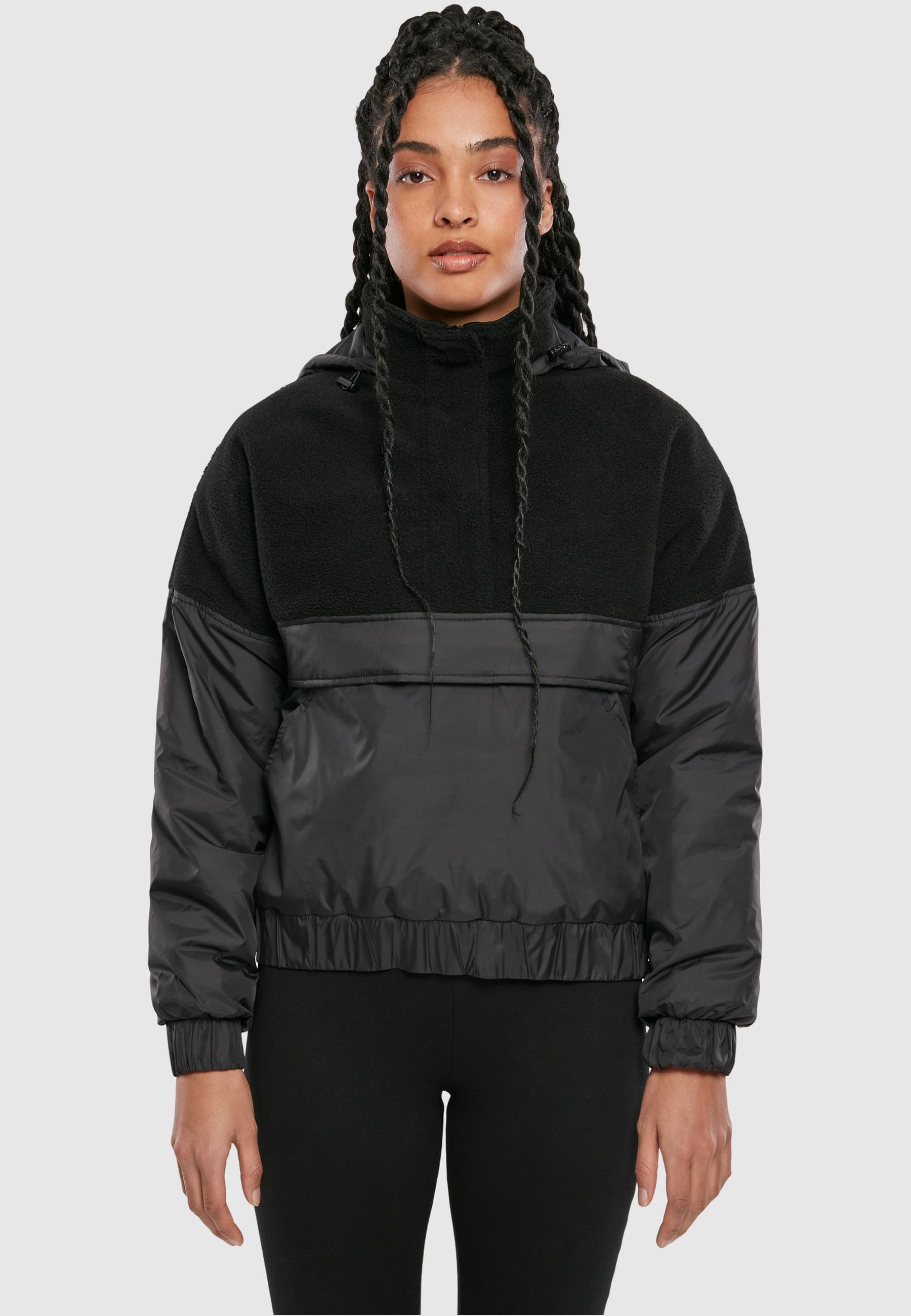 URBAN CLASSICS Winterjacke »Urban Classics Damen Ladies Sherpa Mix Pull Over Jacket« 1 Stk. tlg. mit Kapuze