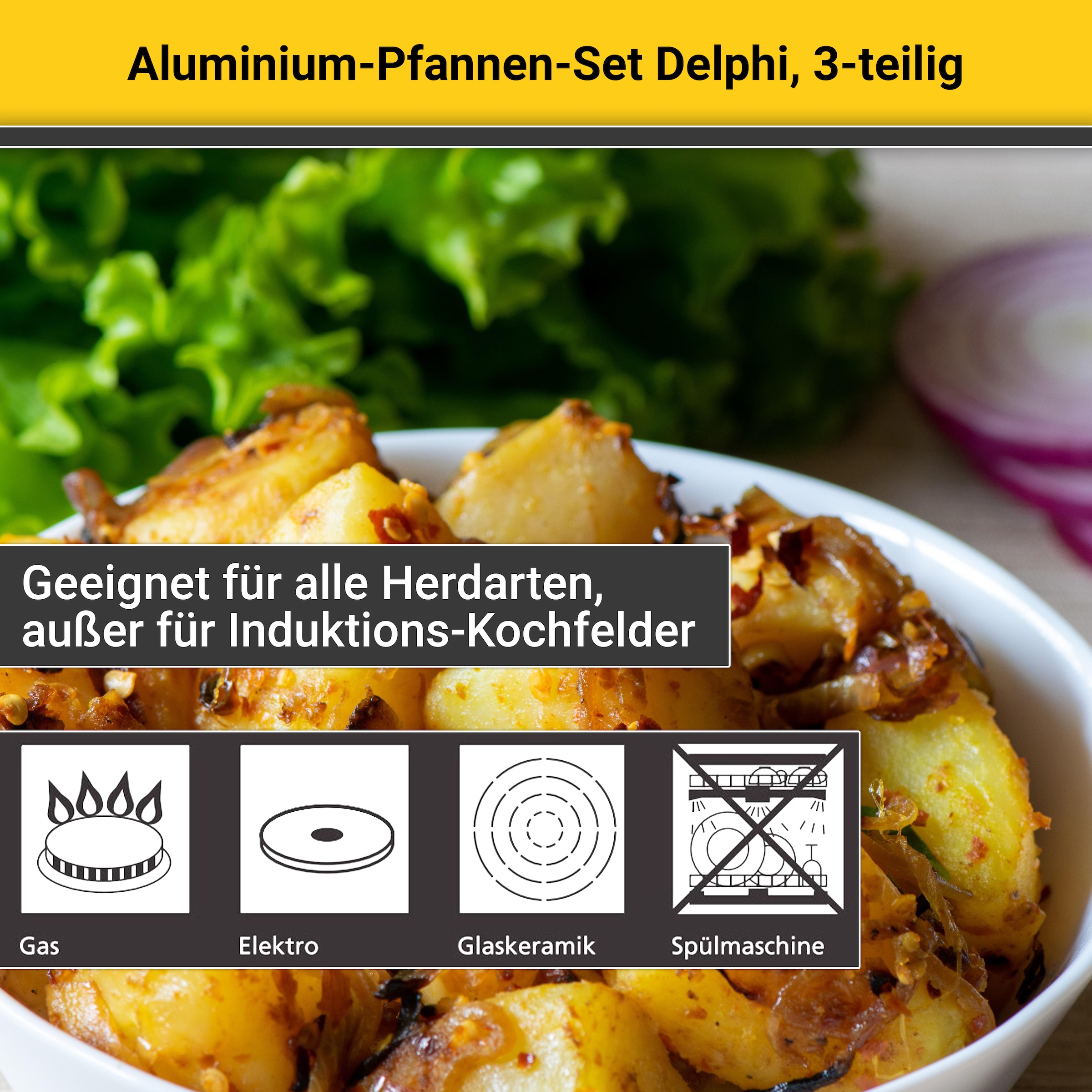 Krüger Pfannen-Set »Aluminium Pfannen-Set DELPHI 3 tlg. (20 + 28 cm und Pfannenwender)«, Aluminium, (Set, 3 tlg., 1x Bratpfanne Ø 20 cm (H. 4,3 cm), 1x Bratpfanne Ø 28 cm (H. 4,9 cm)