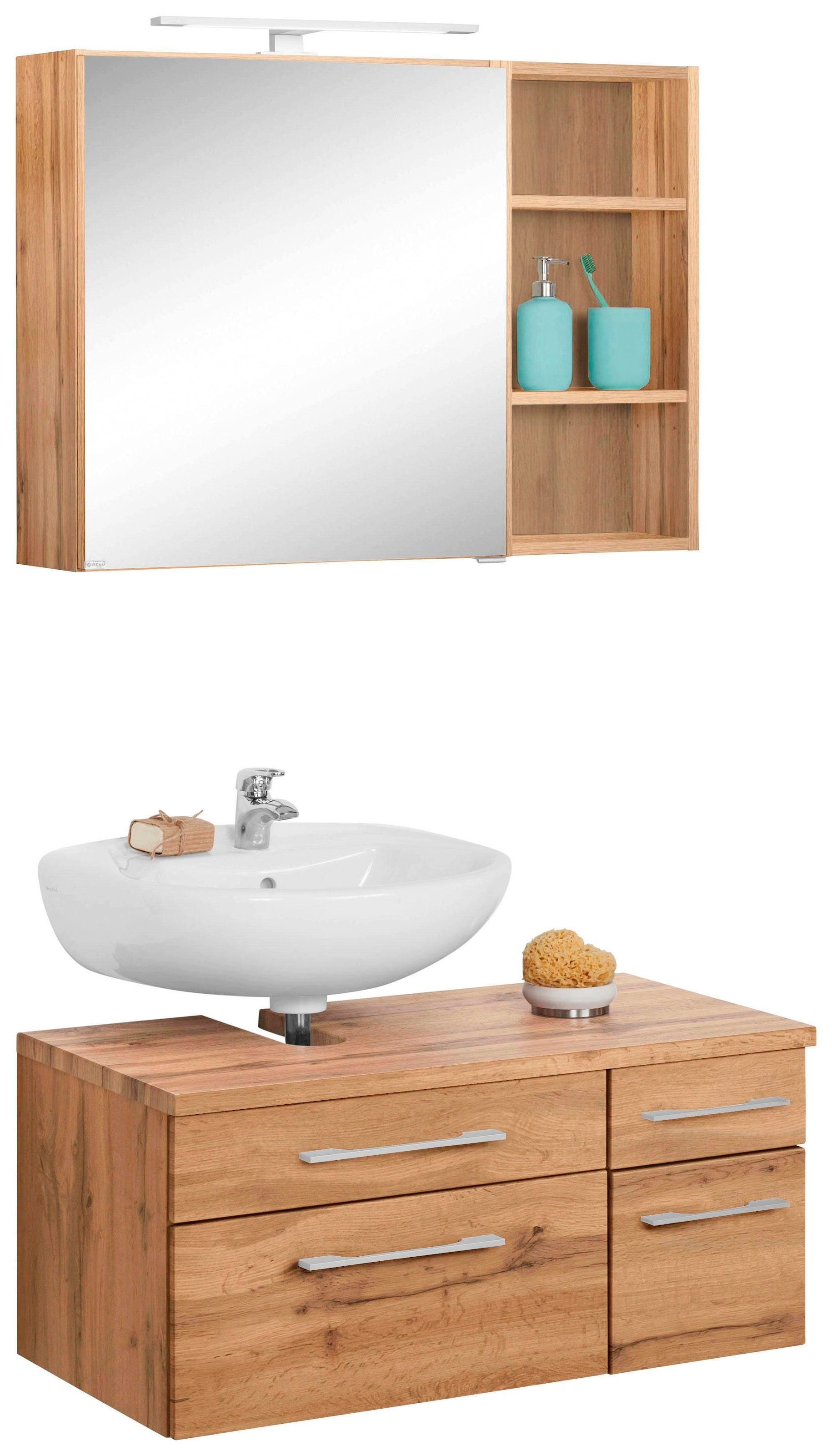 Badmöbel-Set »Davos«, Waschbeckenunterschrank HELD (3 Regal auf kaufen und Spiegelschrank, St.), MÖBEL Raten