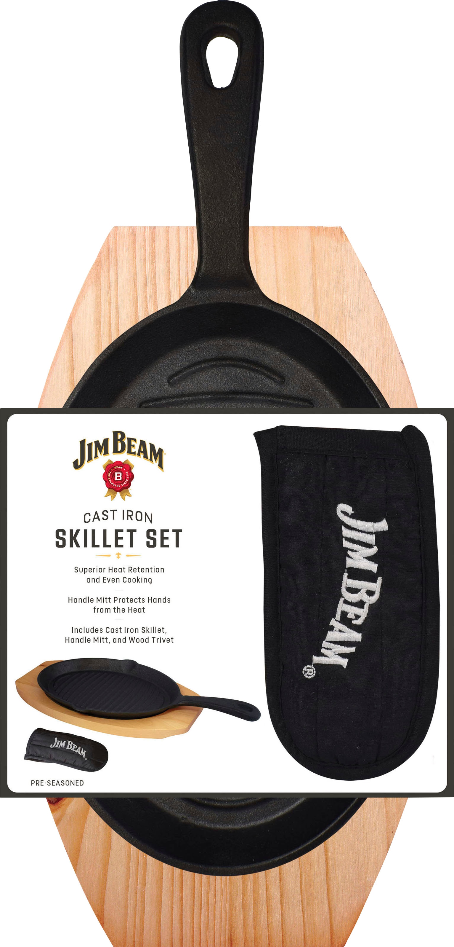 Jim Beam BBQ Grillpfanne, Gusseisen, (Set, 3 tlg.), inkl. Holzuntersetzer und Griffüberzug