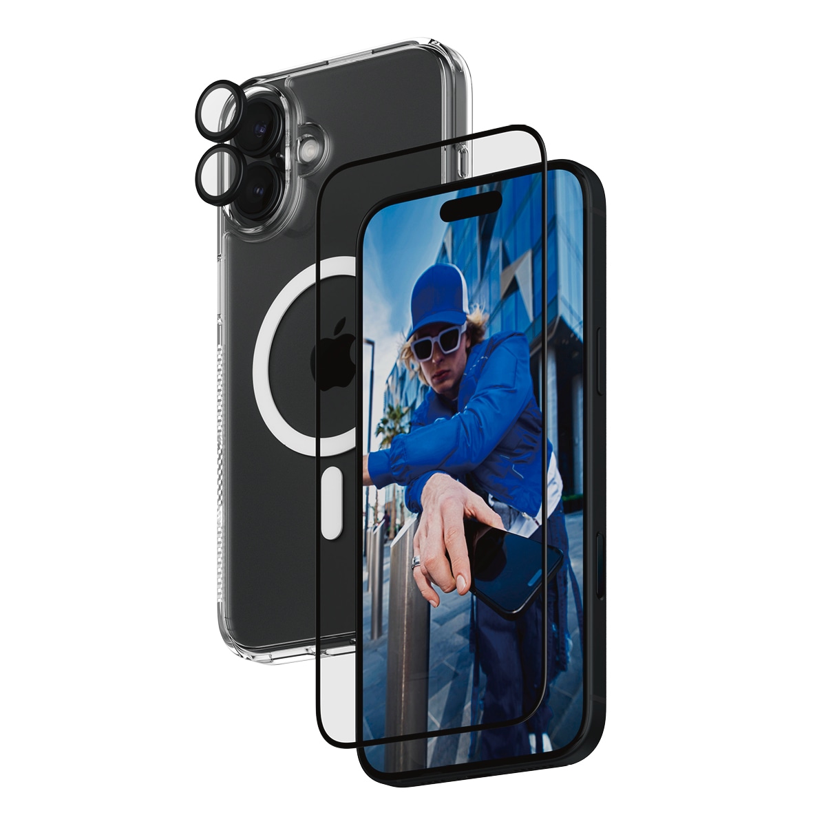 PanzerGlass Displayschutzglas »3-in-1 Protection, Glass, Hoops, Case«, für Apple iPhone 16 Plus, Displayschutzfolie, Schutzfolie, Bildschirmschutz, kratz- & stoßfest