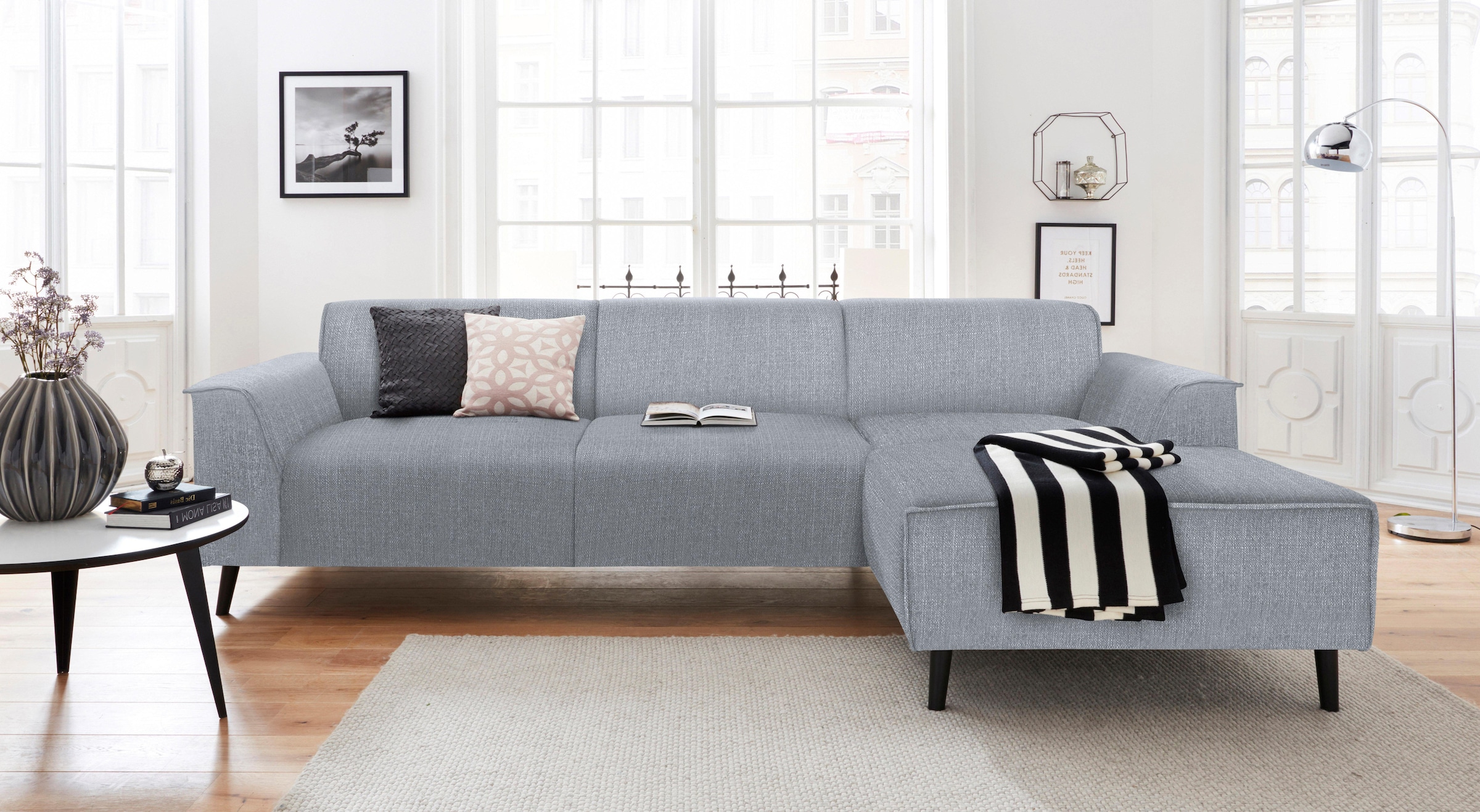 DOMO collection Ecksofa »Amora, inklusive komfortablem Federkern für mehr Sitzkomfort, L-Form«, mit Recamiere, zeitlos und elegant, Komfortsitzhöhe 47cm
