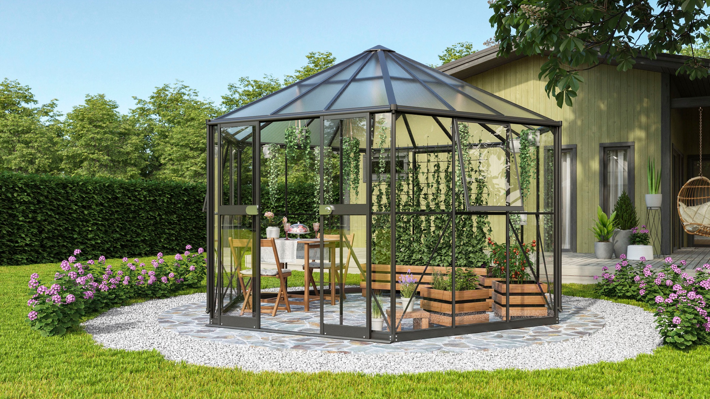 Vitavia Gewächshaus »Pi 9000, mit Stahlfundamentrahmen«, Alu-Profile,3 mm Sicherheitsglas, Dach 6 mm Hohlkammerplatten